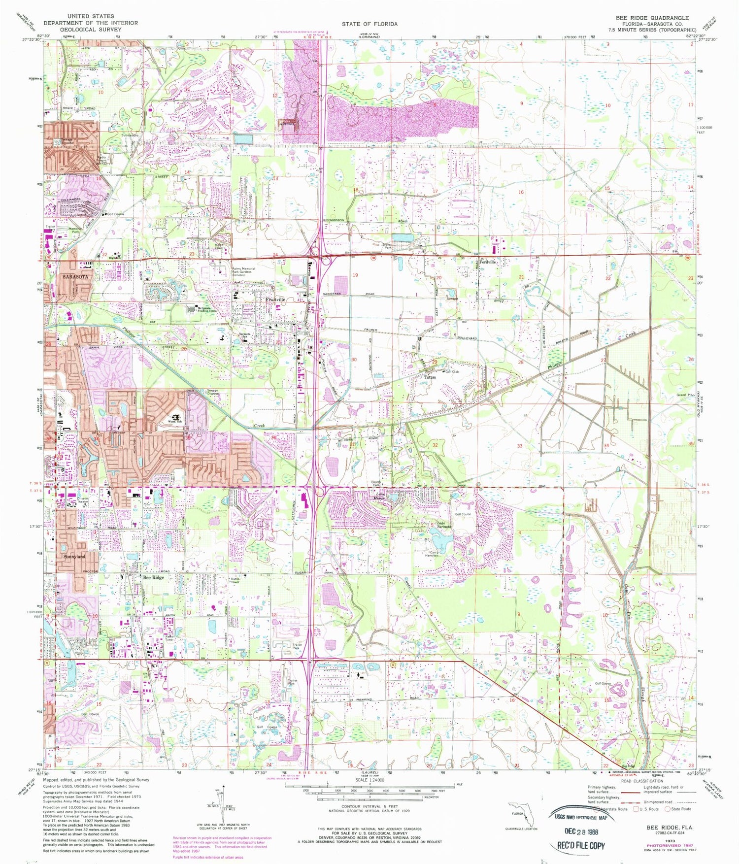 Classic USGS Bee Ridge Florida 7.5'x7.5' Topo Map Image