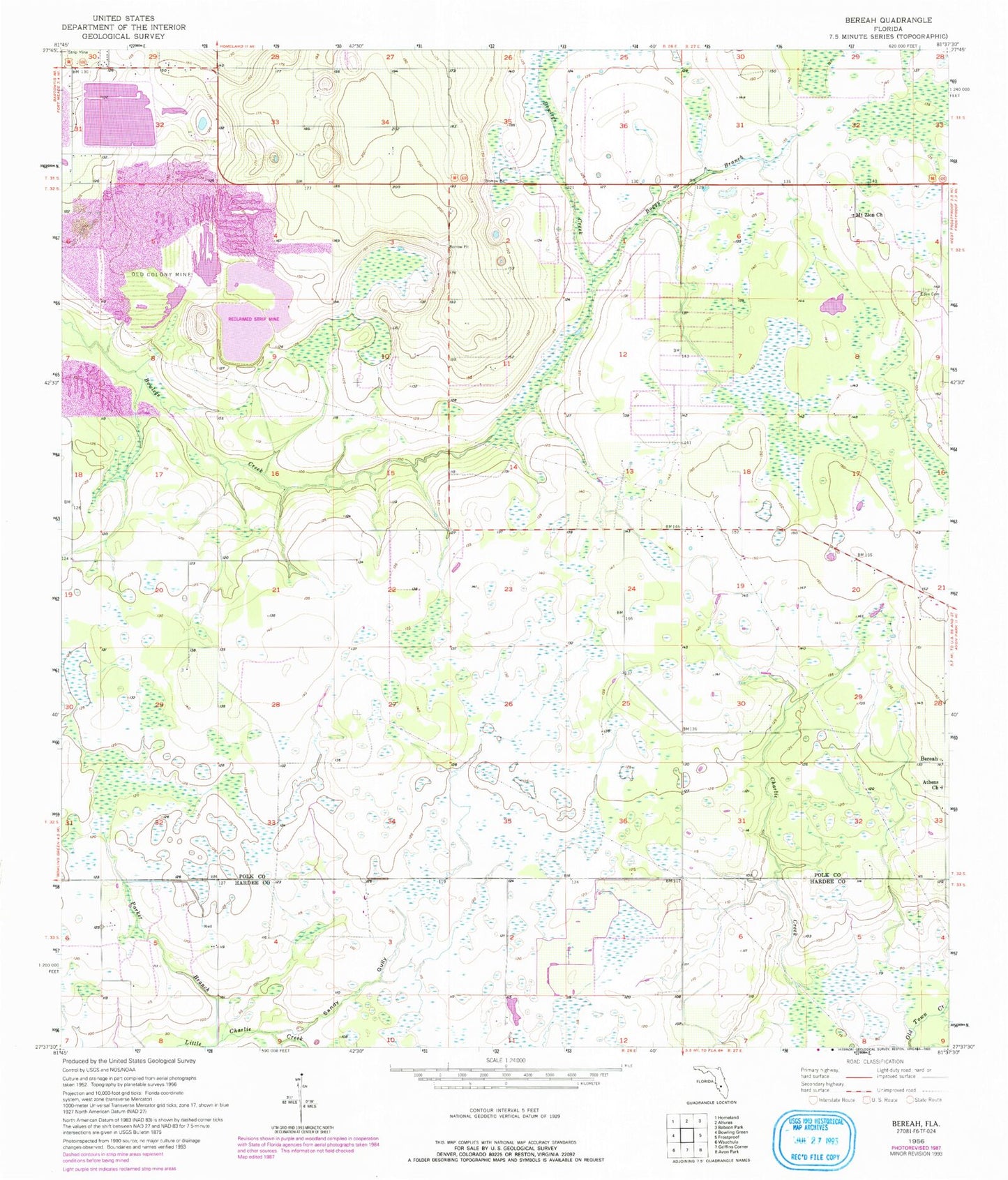 Classic USGS Bereah Florida 7.5'x7.5' Topo Map Image