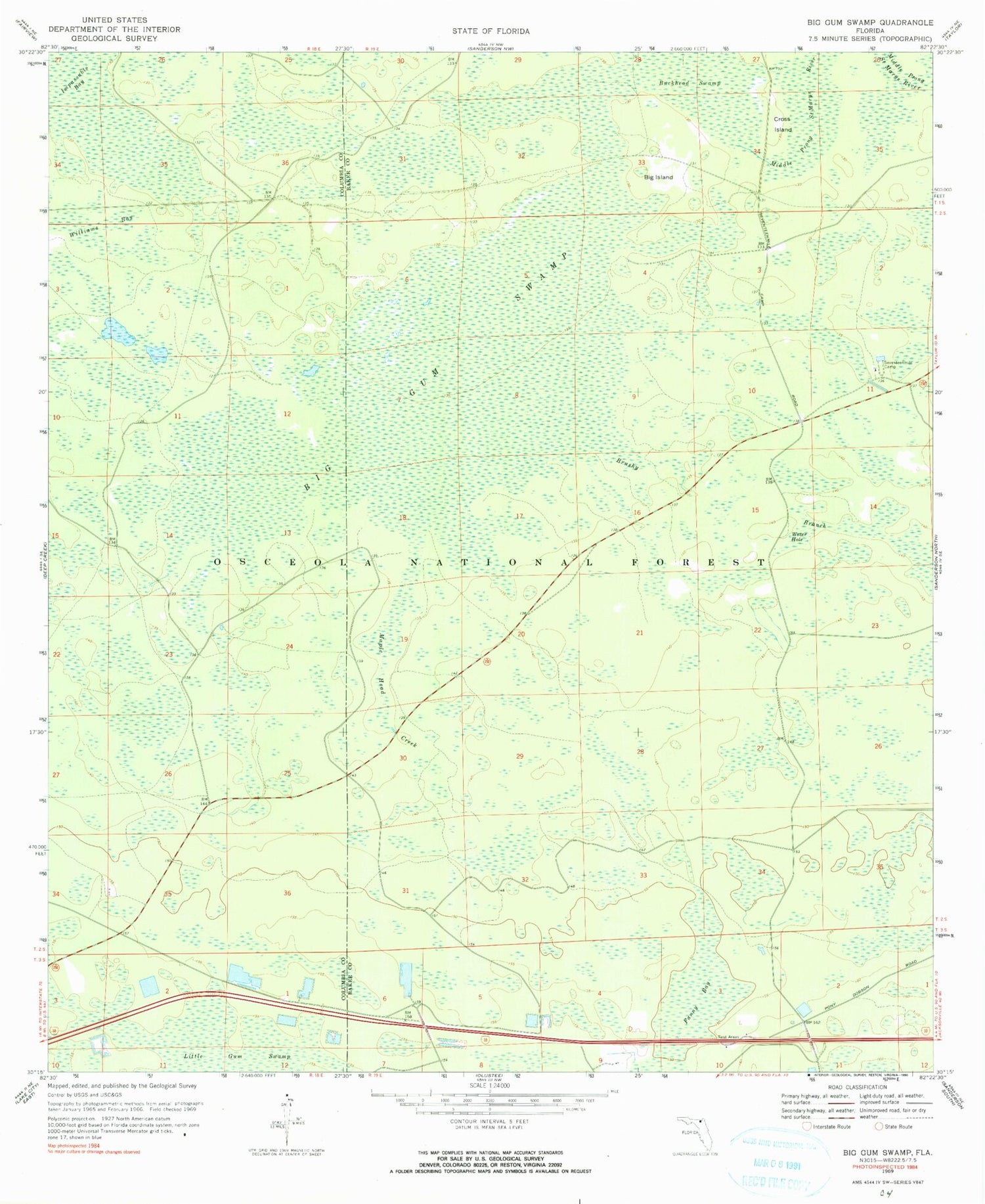 Classic USGS Big Gum Swamp Florida 7.5'x7.5' Topo Map Image