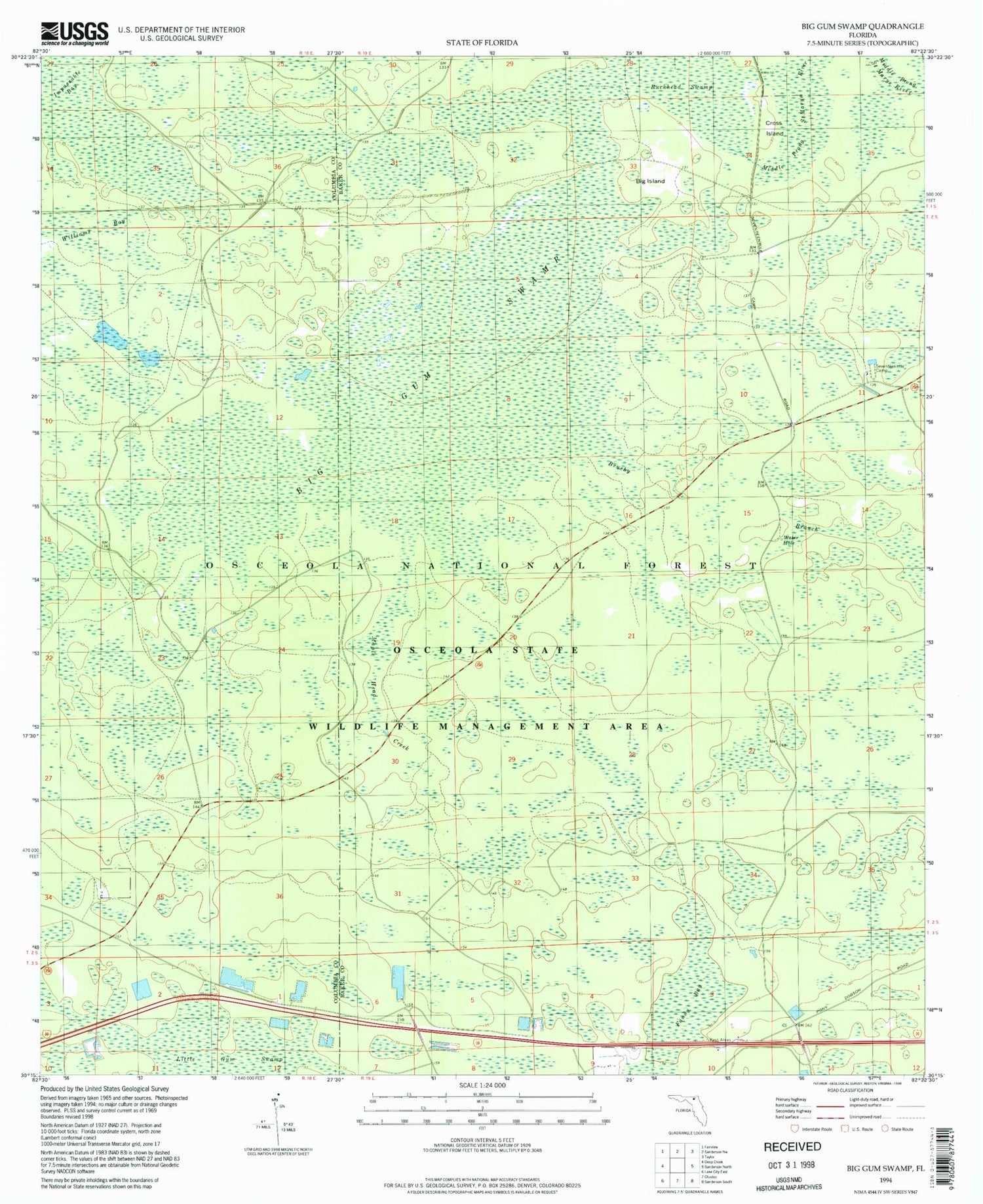 Classic USGS Big Gum Swamp Florida 7.5'x7.5' Topo Map Image