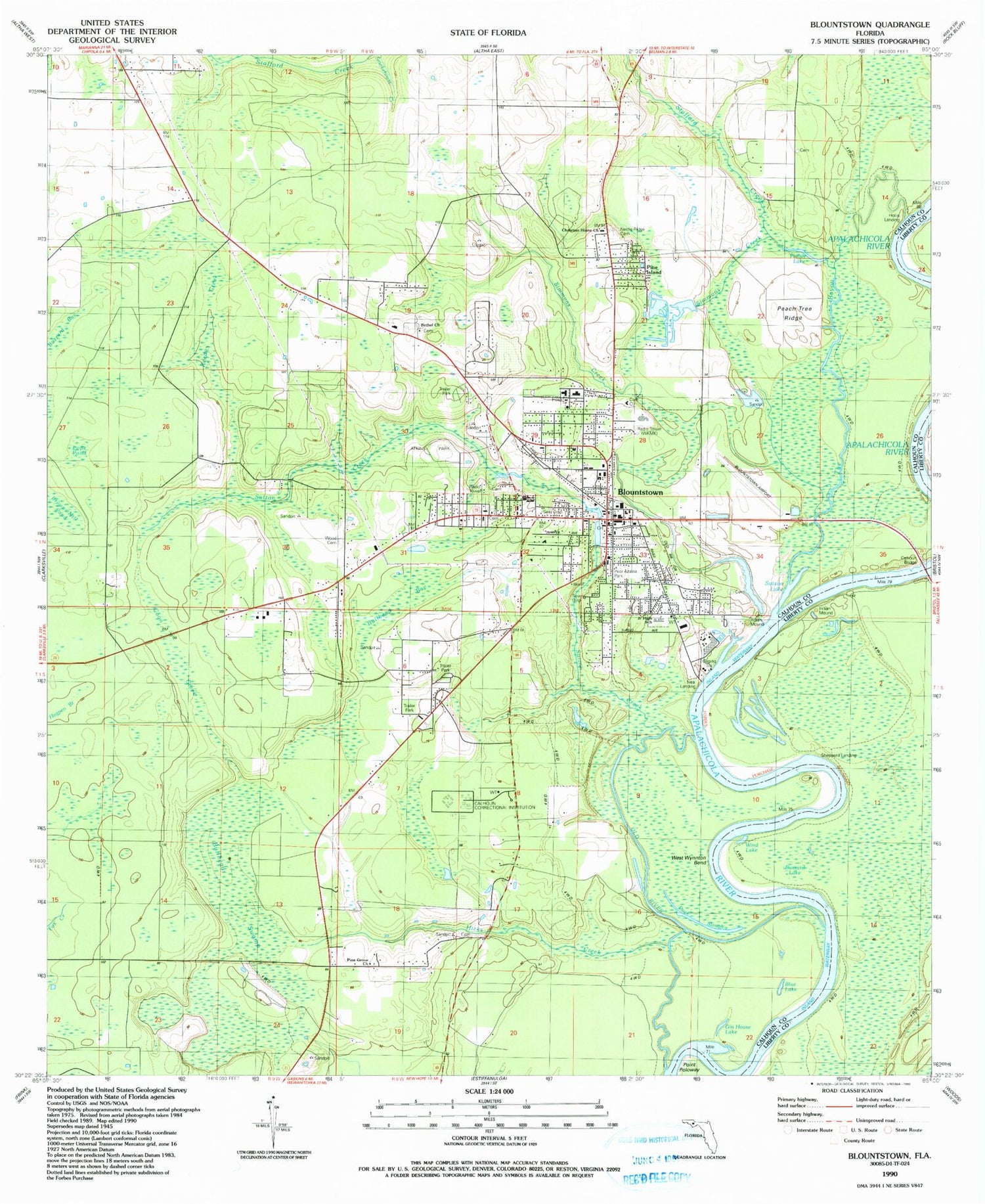 Classic USGS Blountstown Florida 7.5'x7.5' Topo Map Image