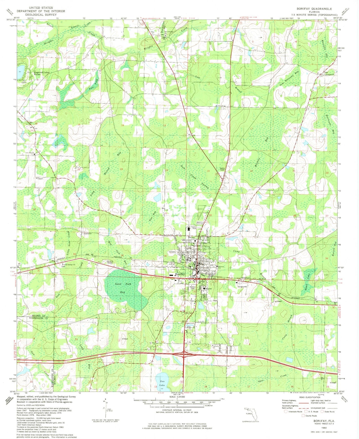 Classic USGS Bonifay Florida 7.5'x7.5' Topo Map Image