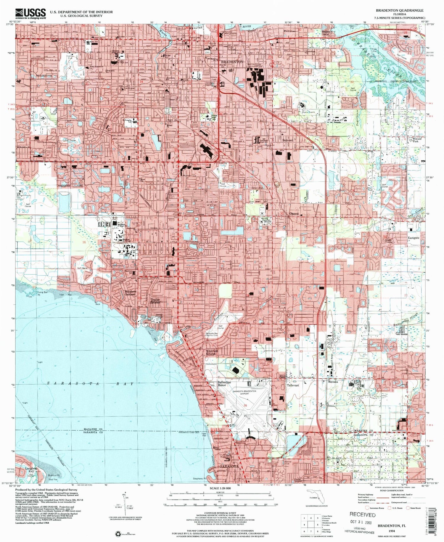 Classic USGS Bradenton Florida 7.5'x7.5' Topo Map Image