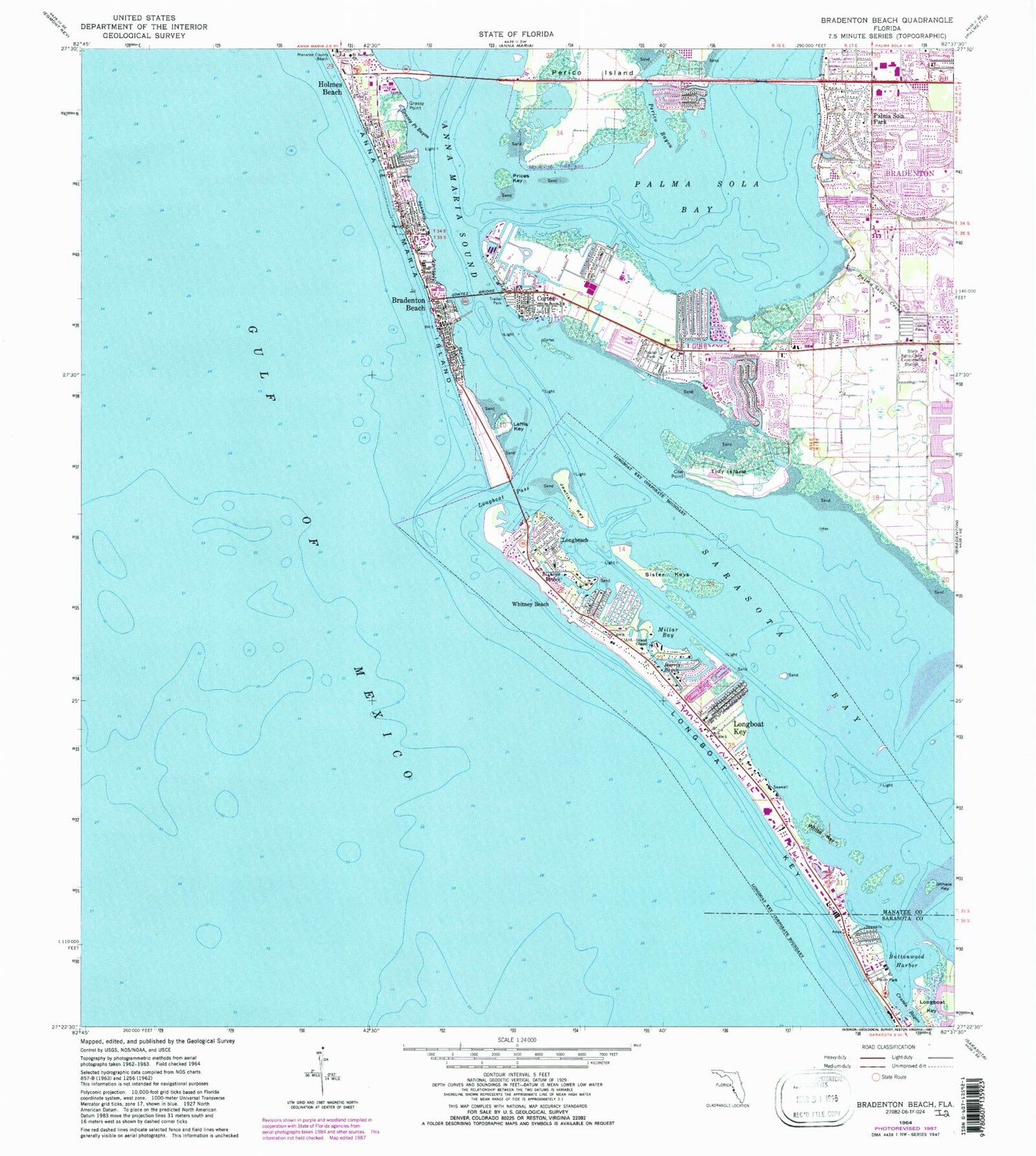 Classic USGS Bradenton Beach Florida 7.5'x7.5' Topo Map Image