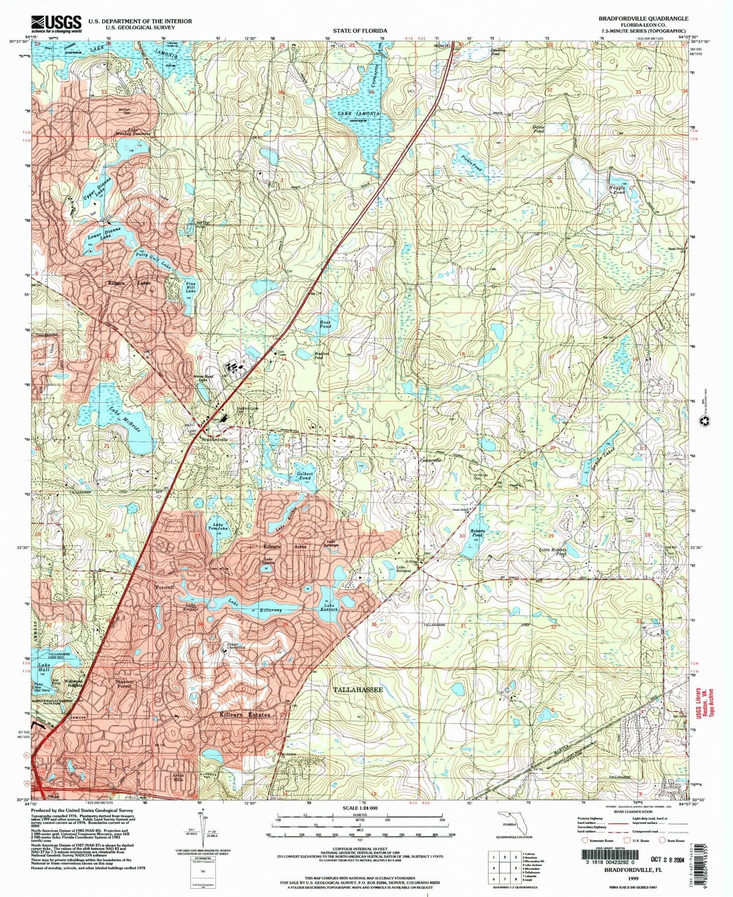 Classic USGS Bradfordville Florida 7.5'x7.5' Topo Map Image