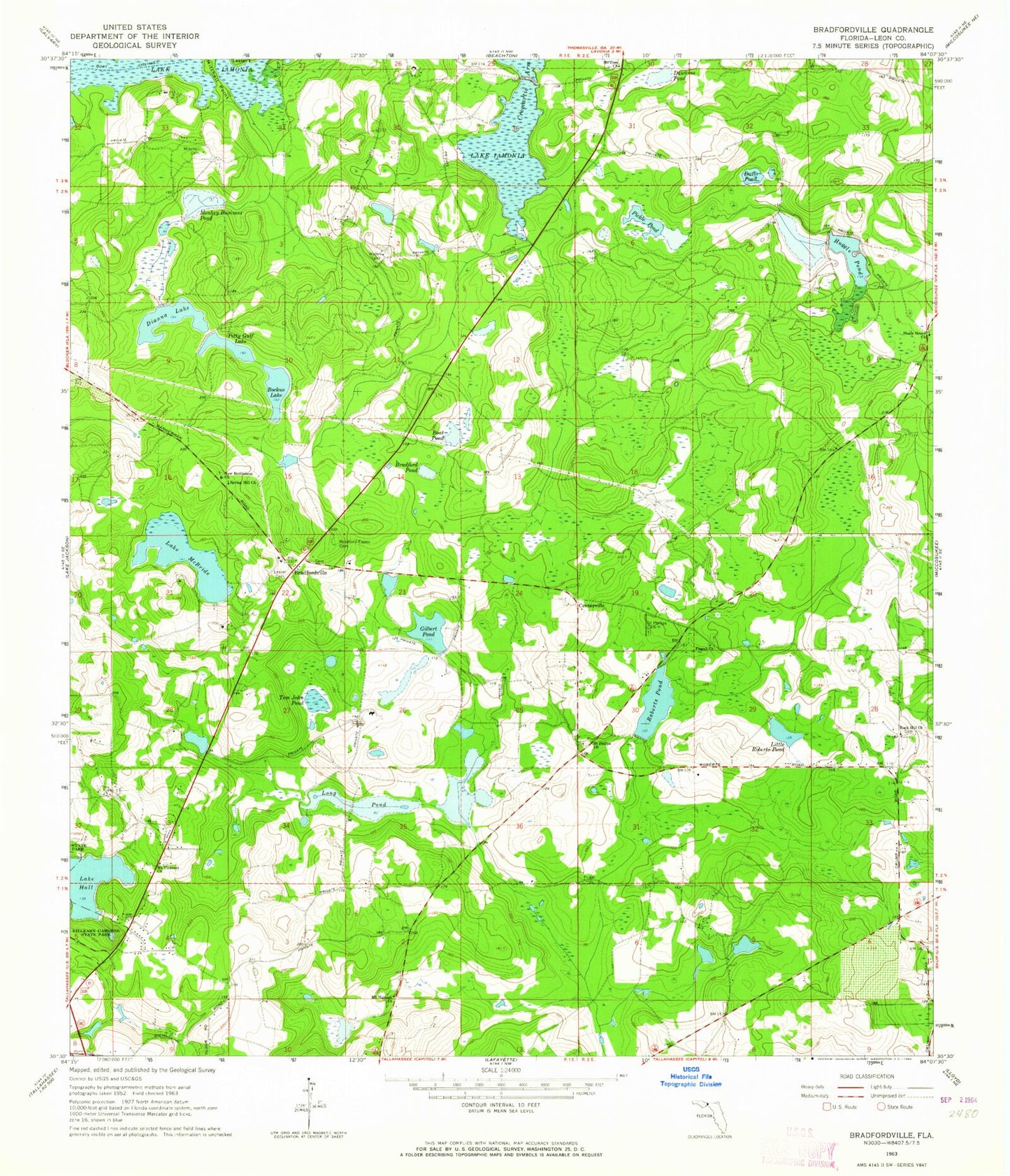Classic USGS Bradfordville Florida 7.5'x7.5' Topo Map Image