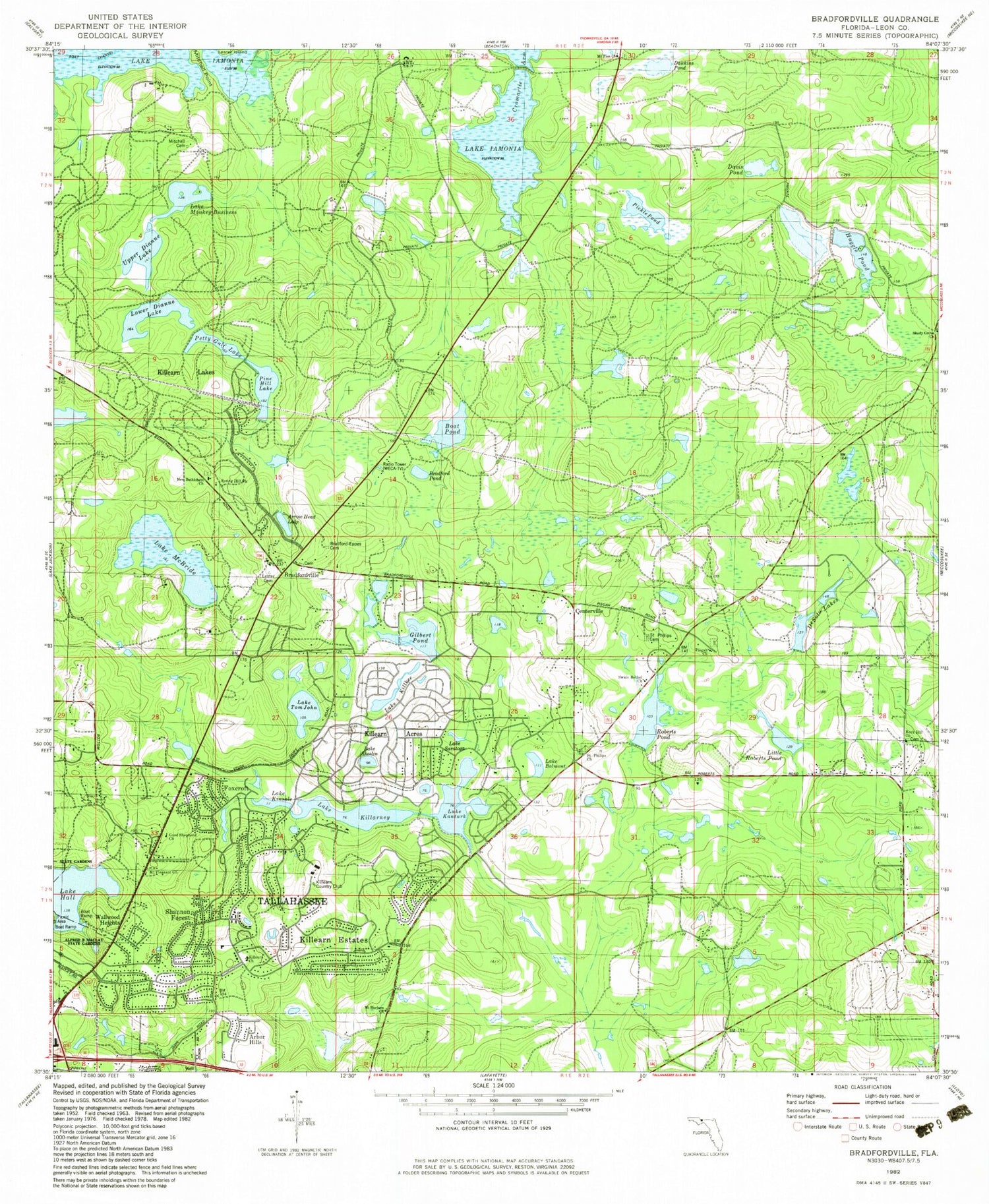Classic USGS Bradfordville Florida 7.5'x7.5' Topo Map Image