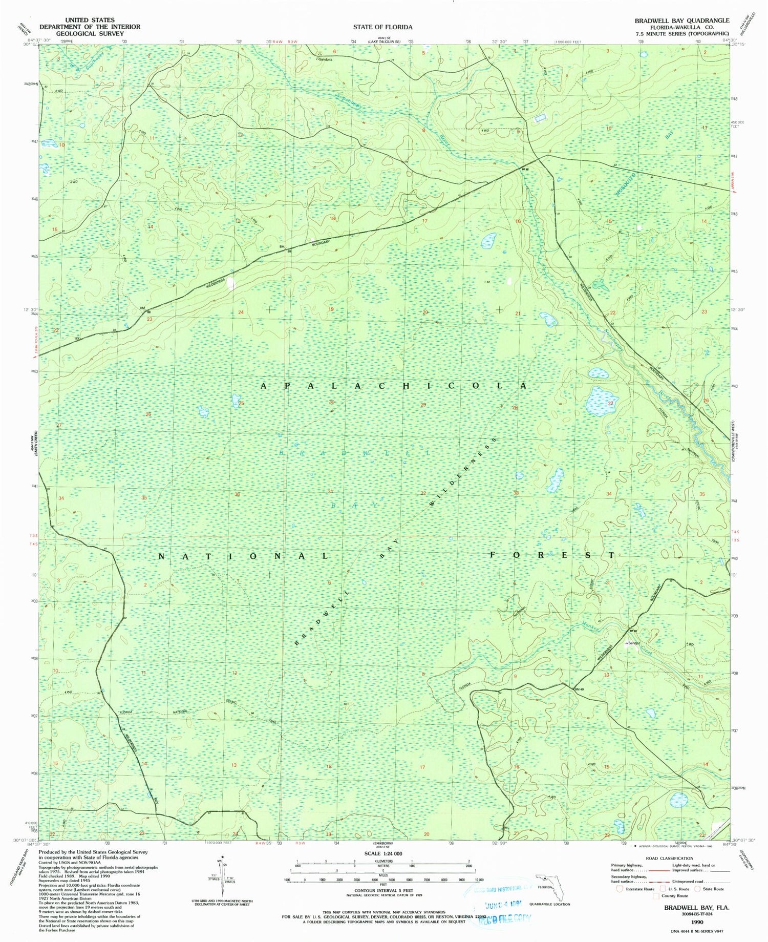 Classic USGS Bradwell Bay Florida 7.5'x7.5' Topo Map Image