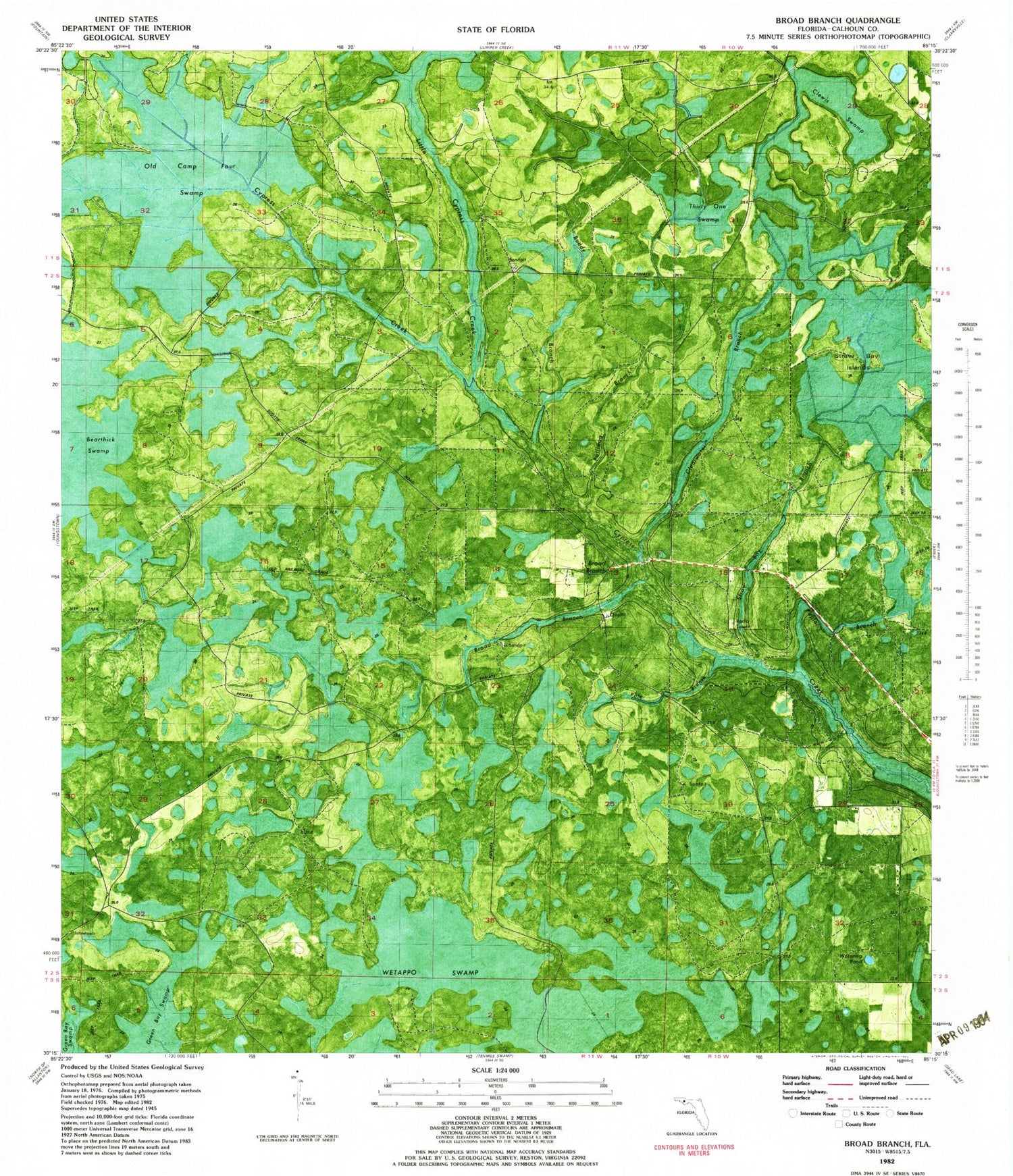 Classic USGS Broad Branch Florida 7.5'x7.5' Topo Map Image