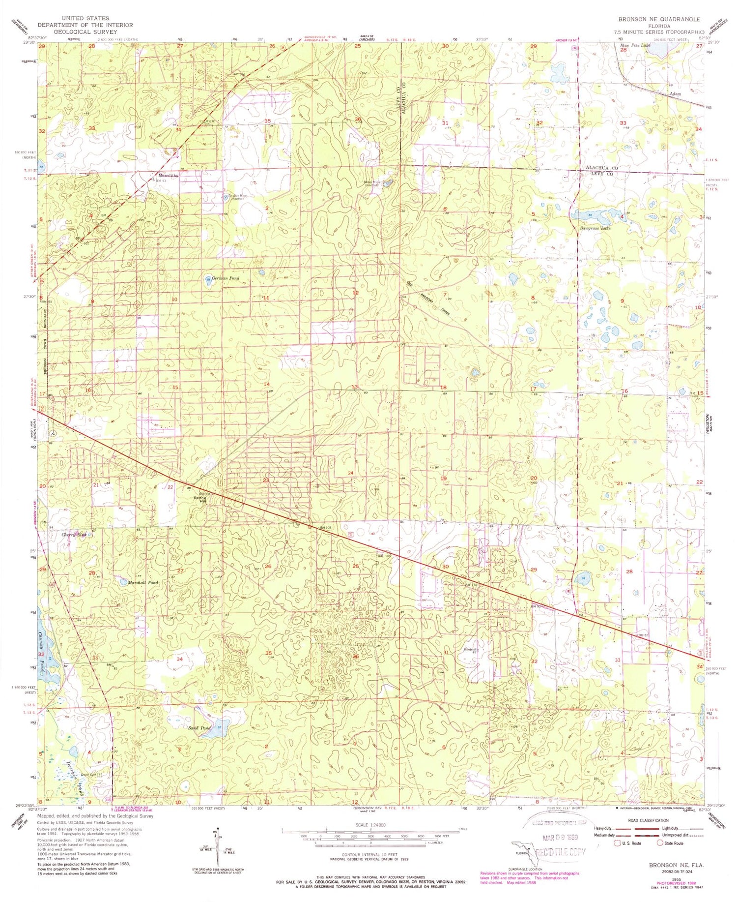 Classic USGS Bronson NE Florida 7.5'x7.5' Topo Map Image