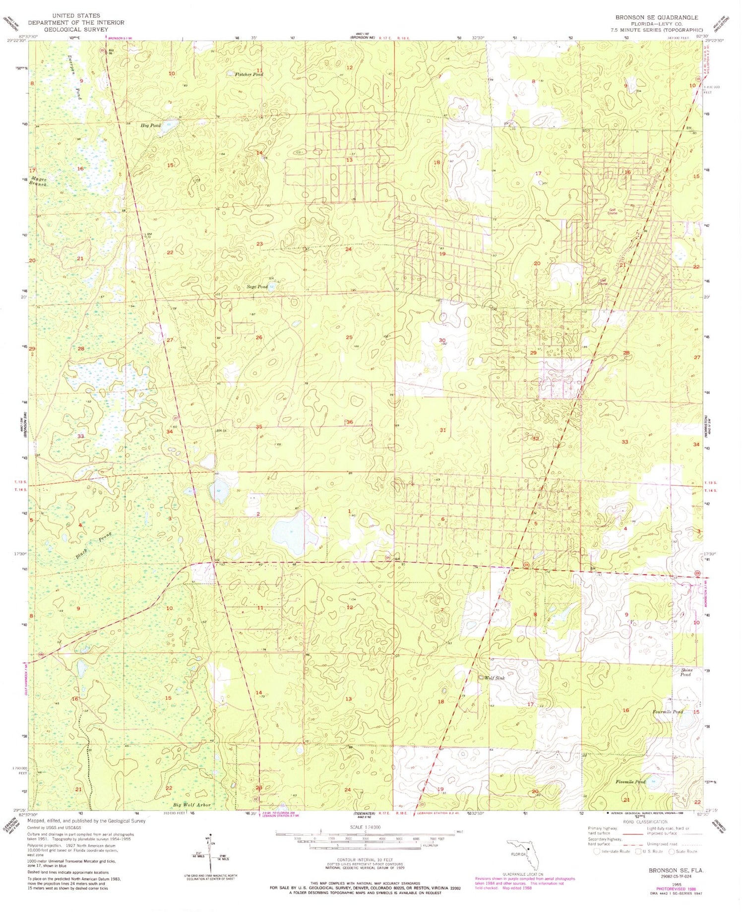 Classic USGS Bronson SE Florida 7.5'x7.5' Topo Map Image