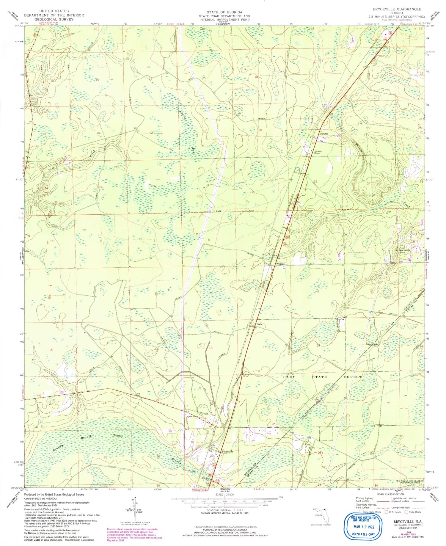 Classic USGS Bryceville Florida 7.5'x7.5' Topo Map Image