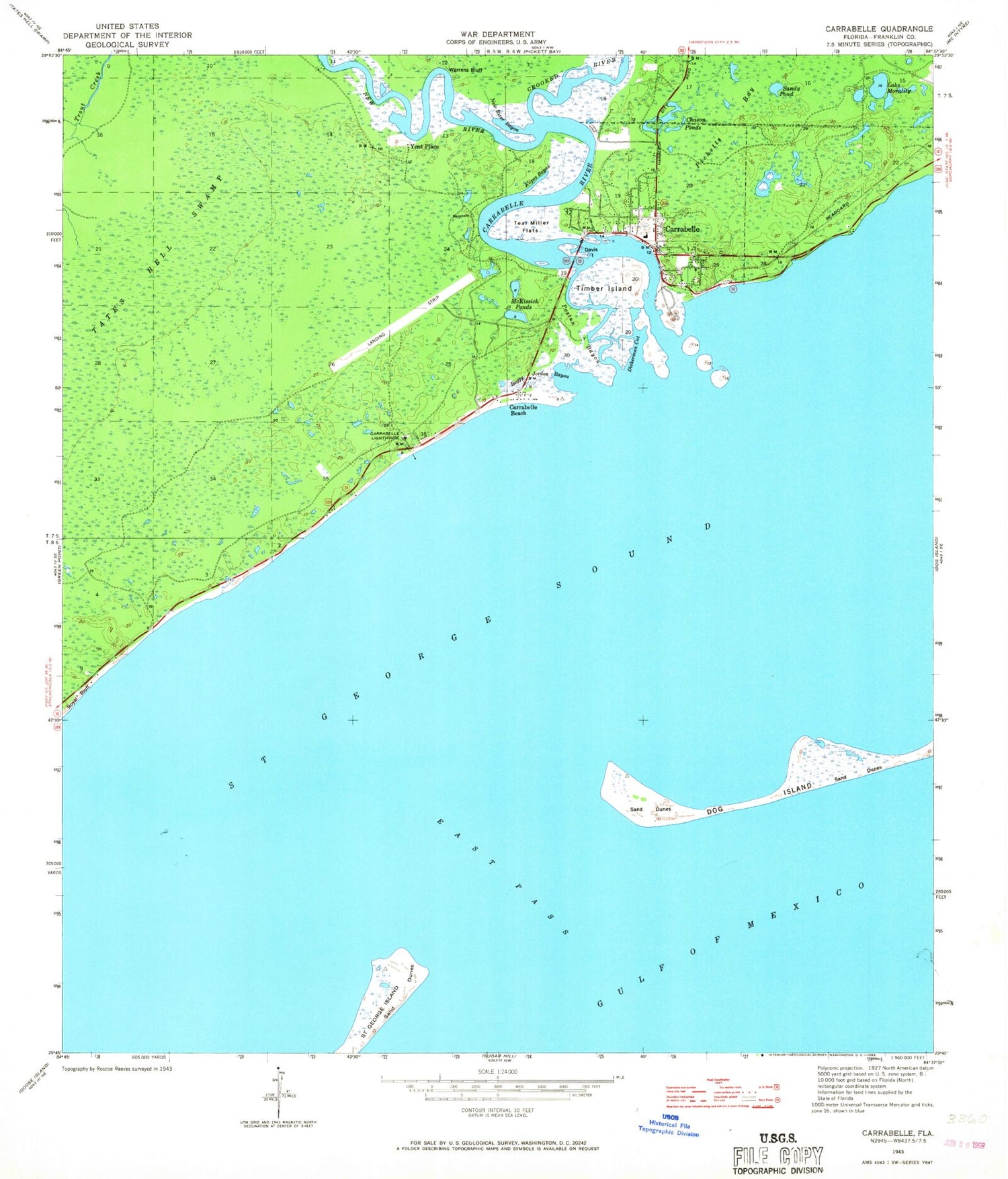 Classic USGS Carrabelle Florida 7.5'x7.5' Topo Map Image