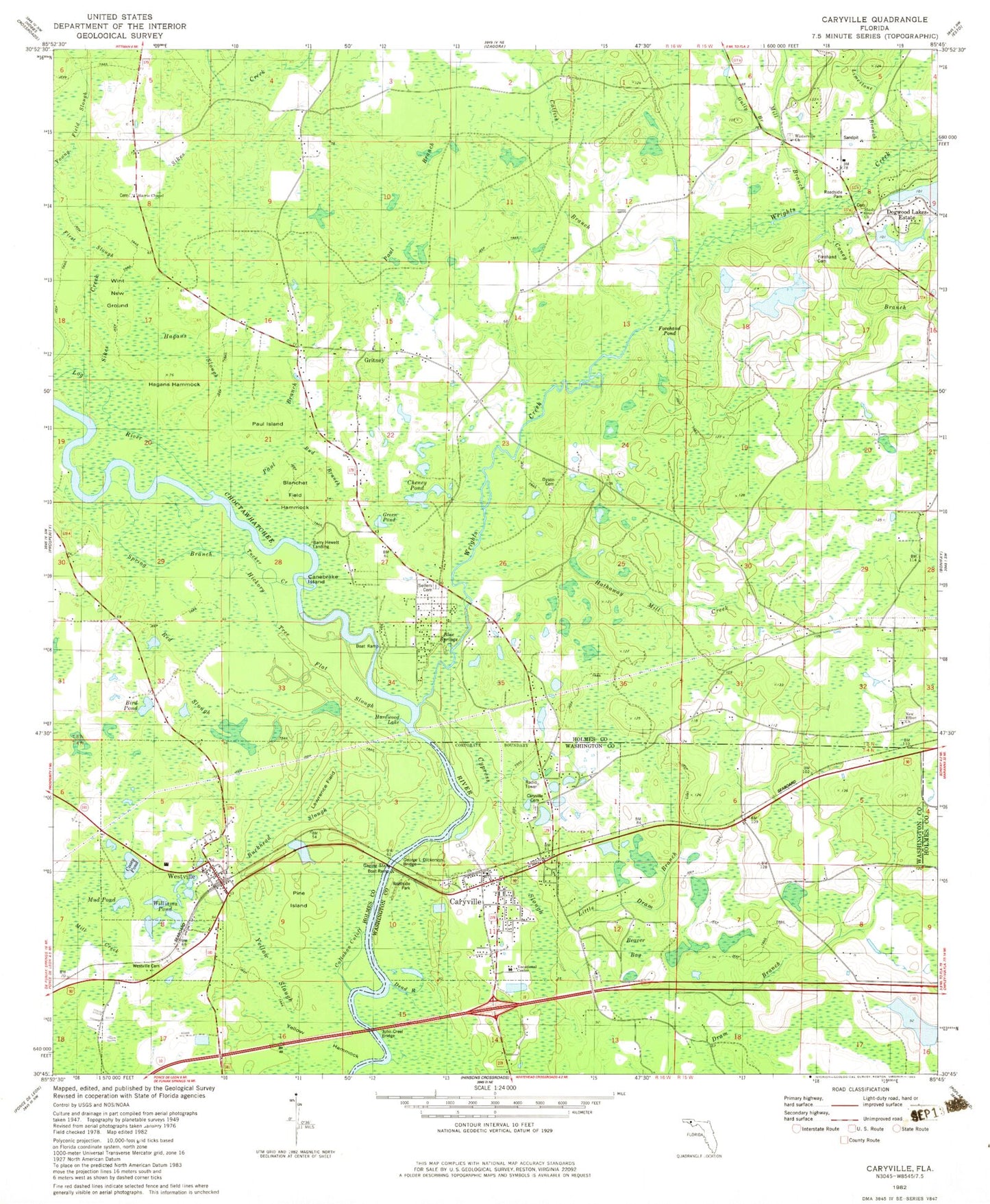Classic USGS Caryville Florida 7.5'x7.5' Topo Map Image