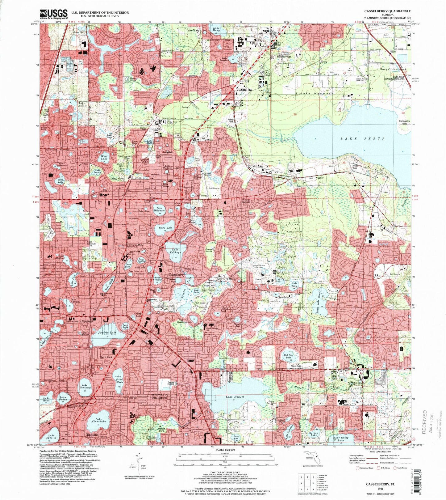 Classic USGS Casselberry Florida 7.5'x7.5' Topo Map Image