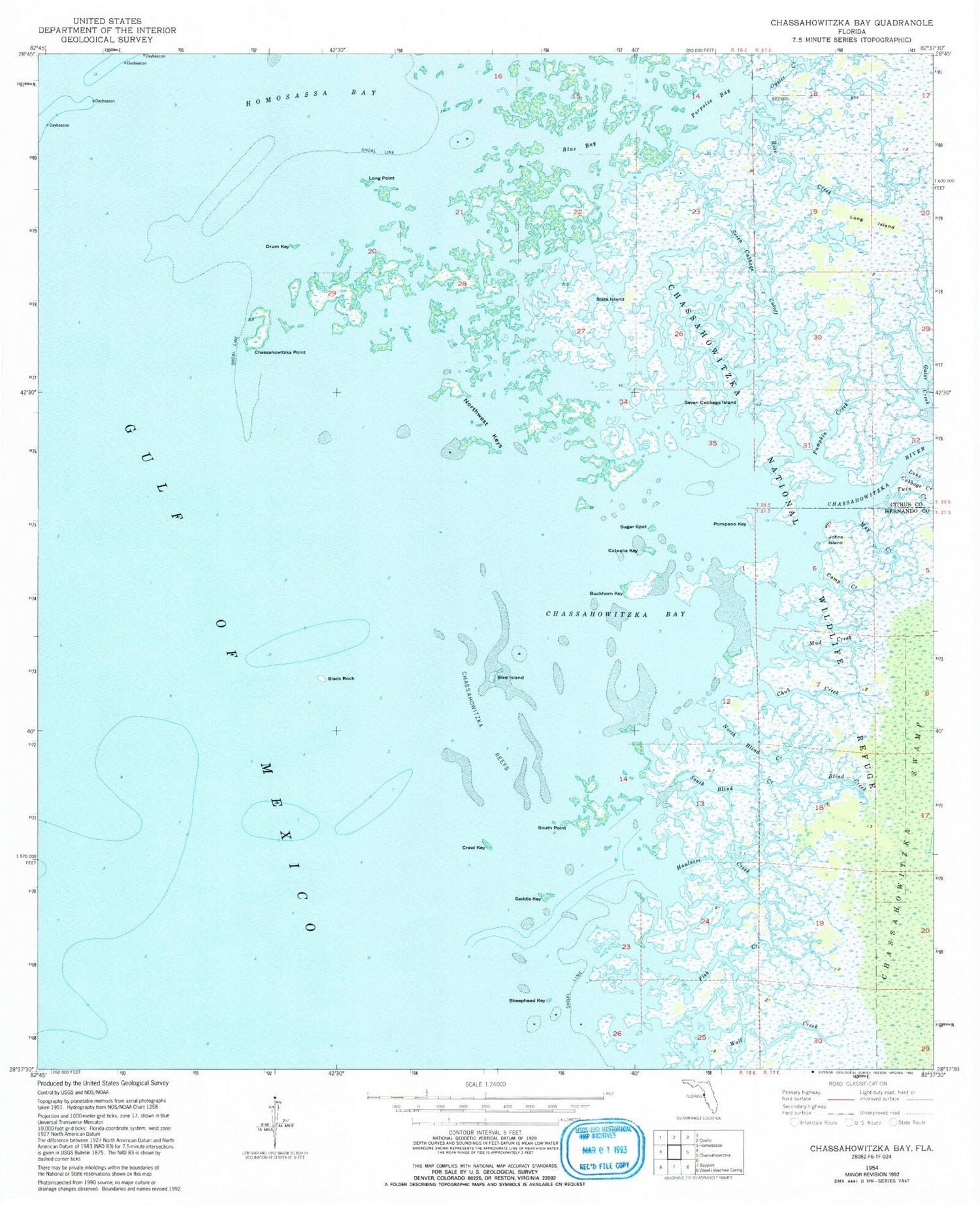 Classic USGS Chassahowitzka Bay Florida 7.5'x7.5' Topo Map Image