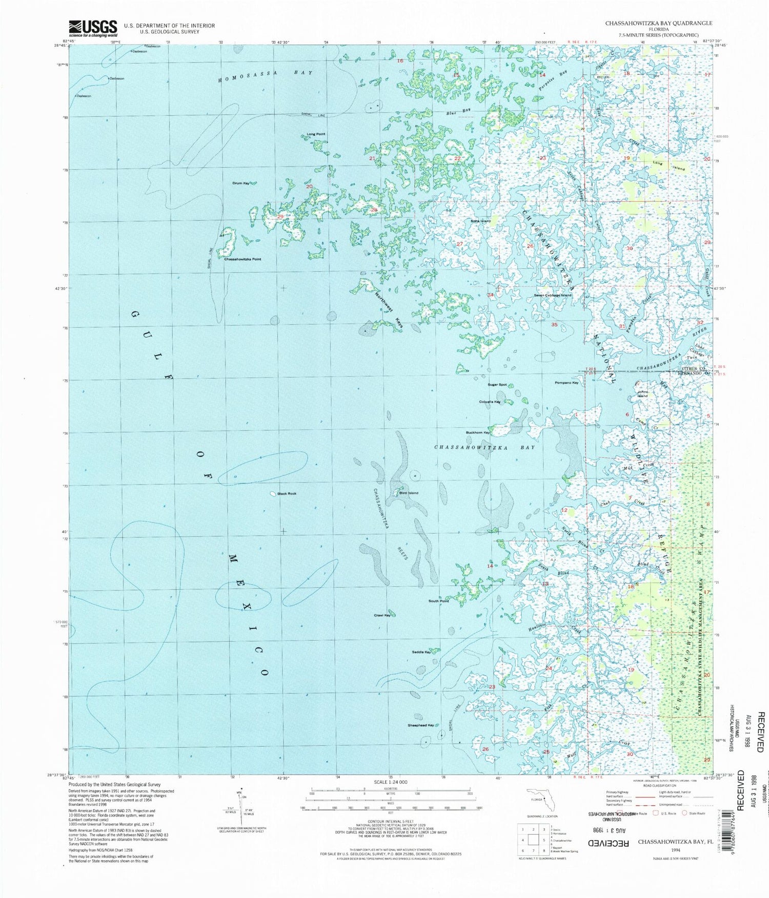 Classic USGS Chassahowitzka Bay Florida 7.5'x7.5' Topo Map Image
