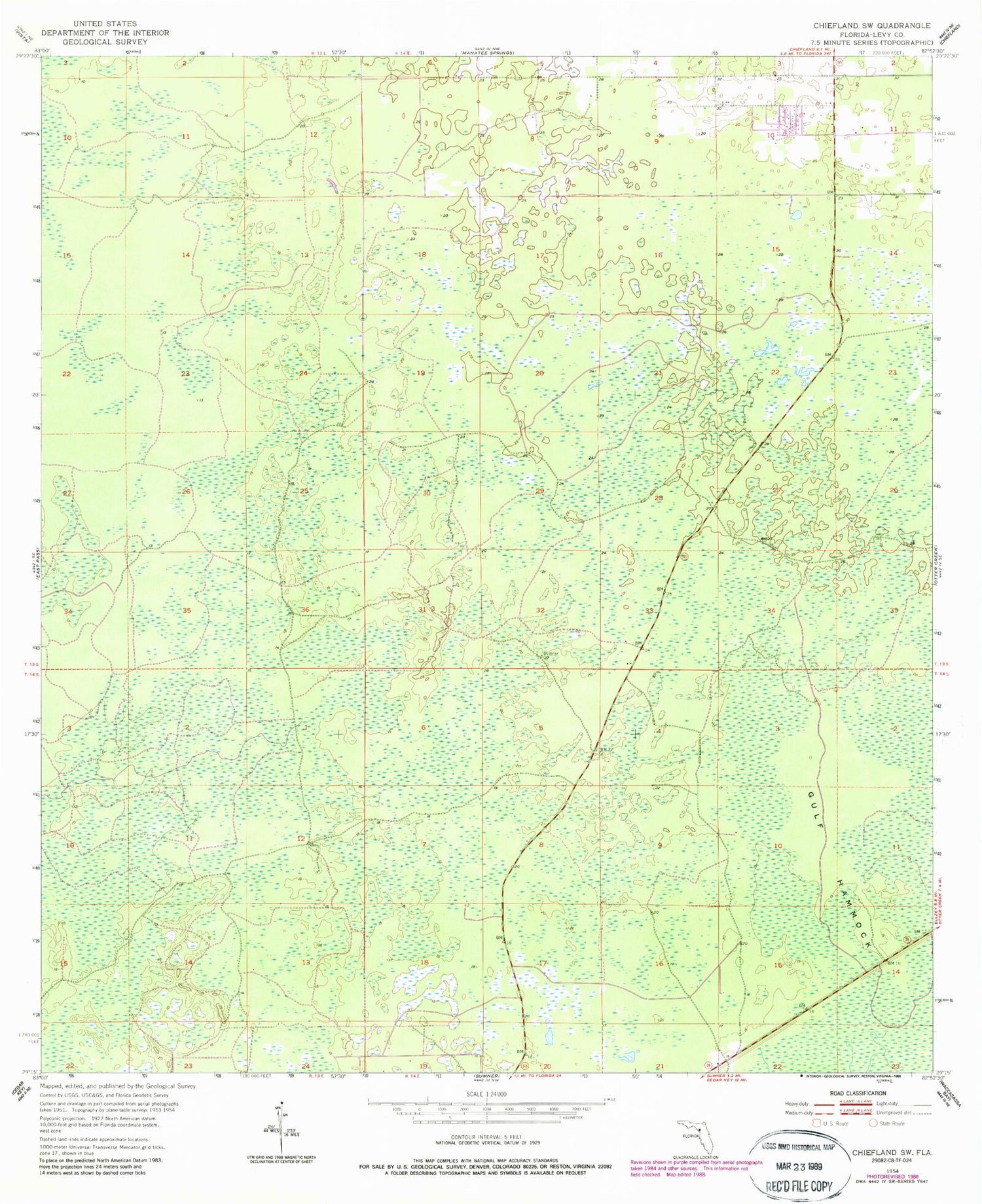 Classic USGS Chiefland SW Florida 7.5'x7.5' Topo Map Image
