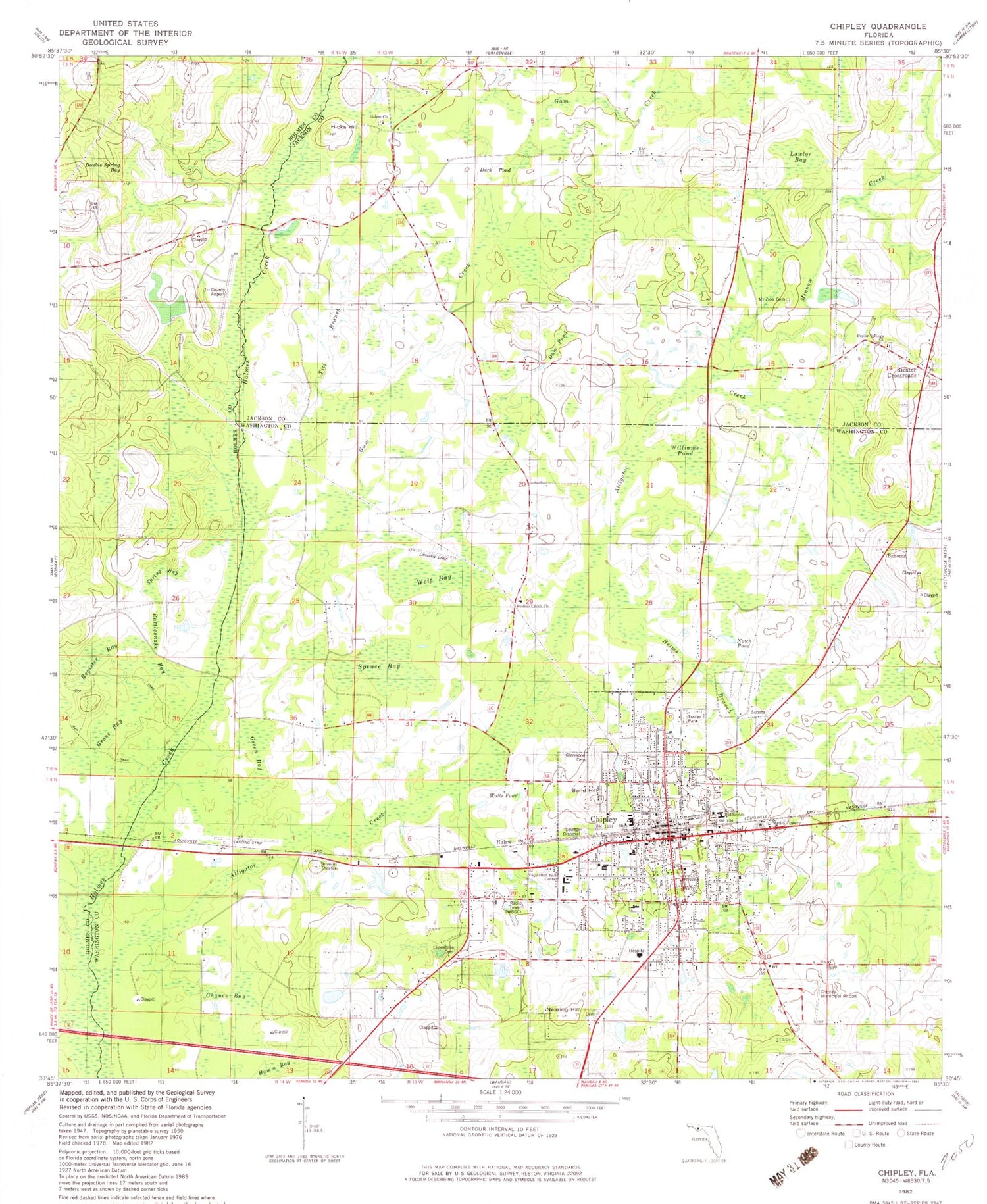 Classic USGS Chipley Florida 7.5'x7.5' Topo Map Image
