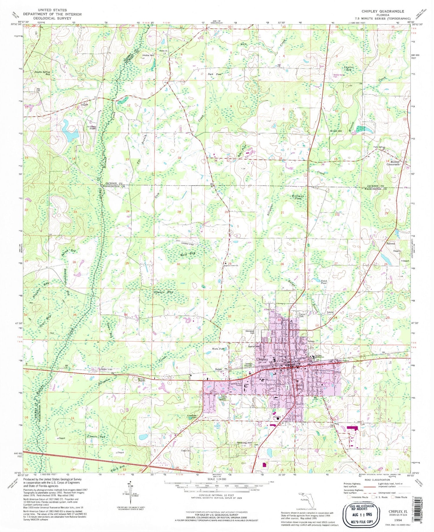 Classic USGS Chipley Florida 7.5'x7.5' Topo Map Image