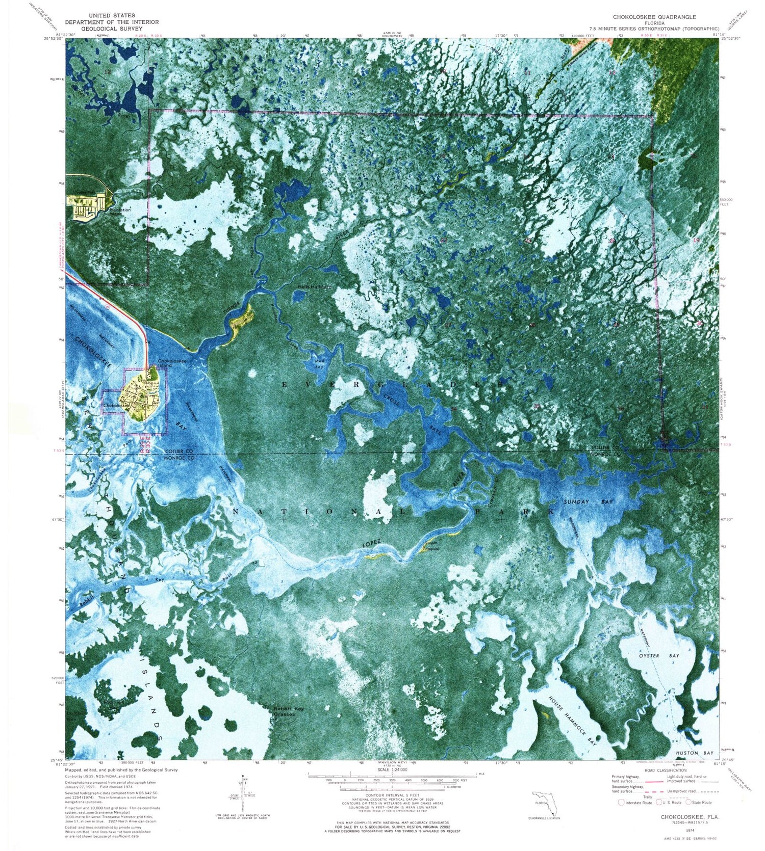 Classic USGS Chokoloskee Florida 7.5'x7.5' Topo Map Image