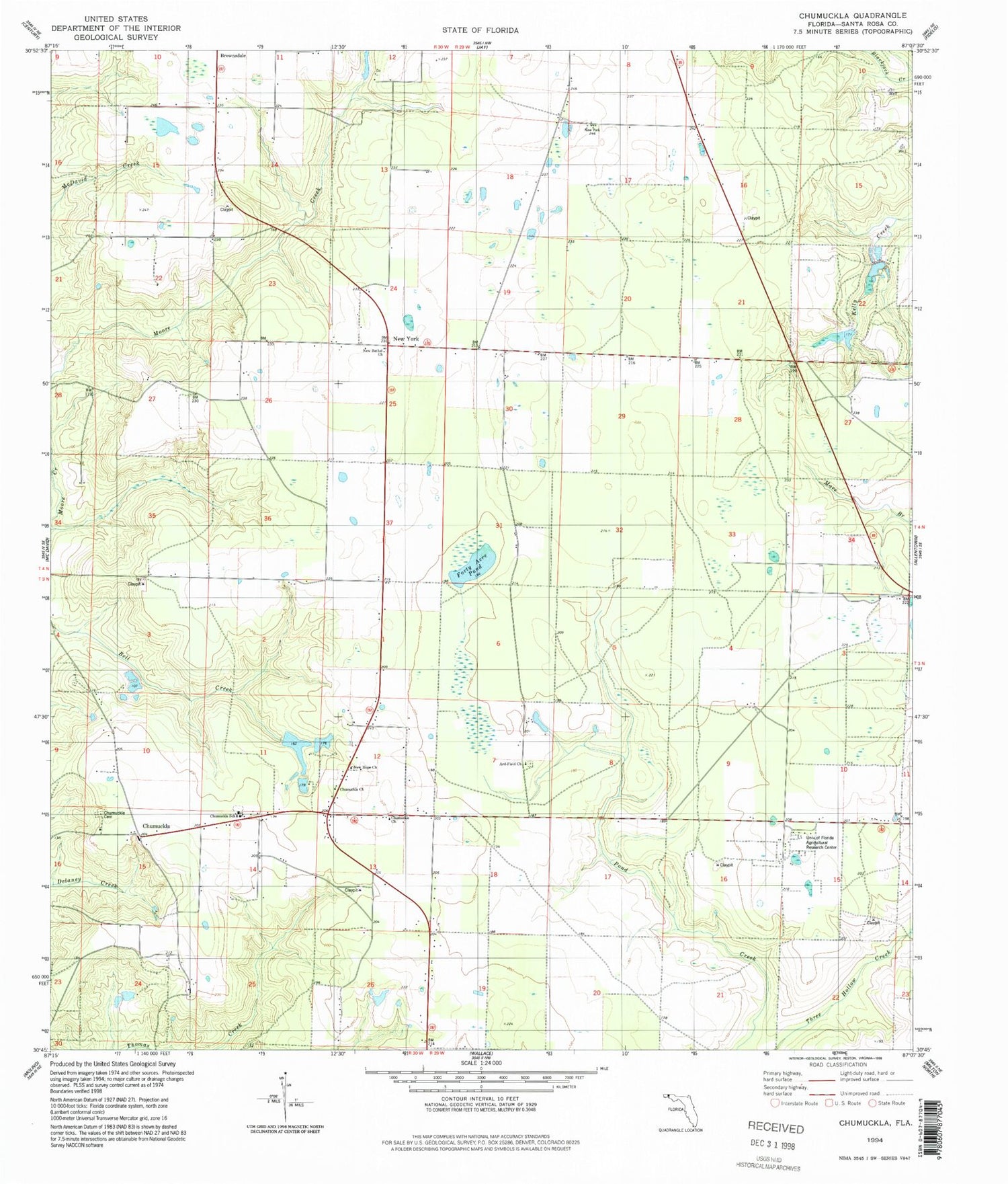 Classic USGS Chumuckla Florida 7.5'x7.5' Topo Map Image
