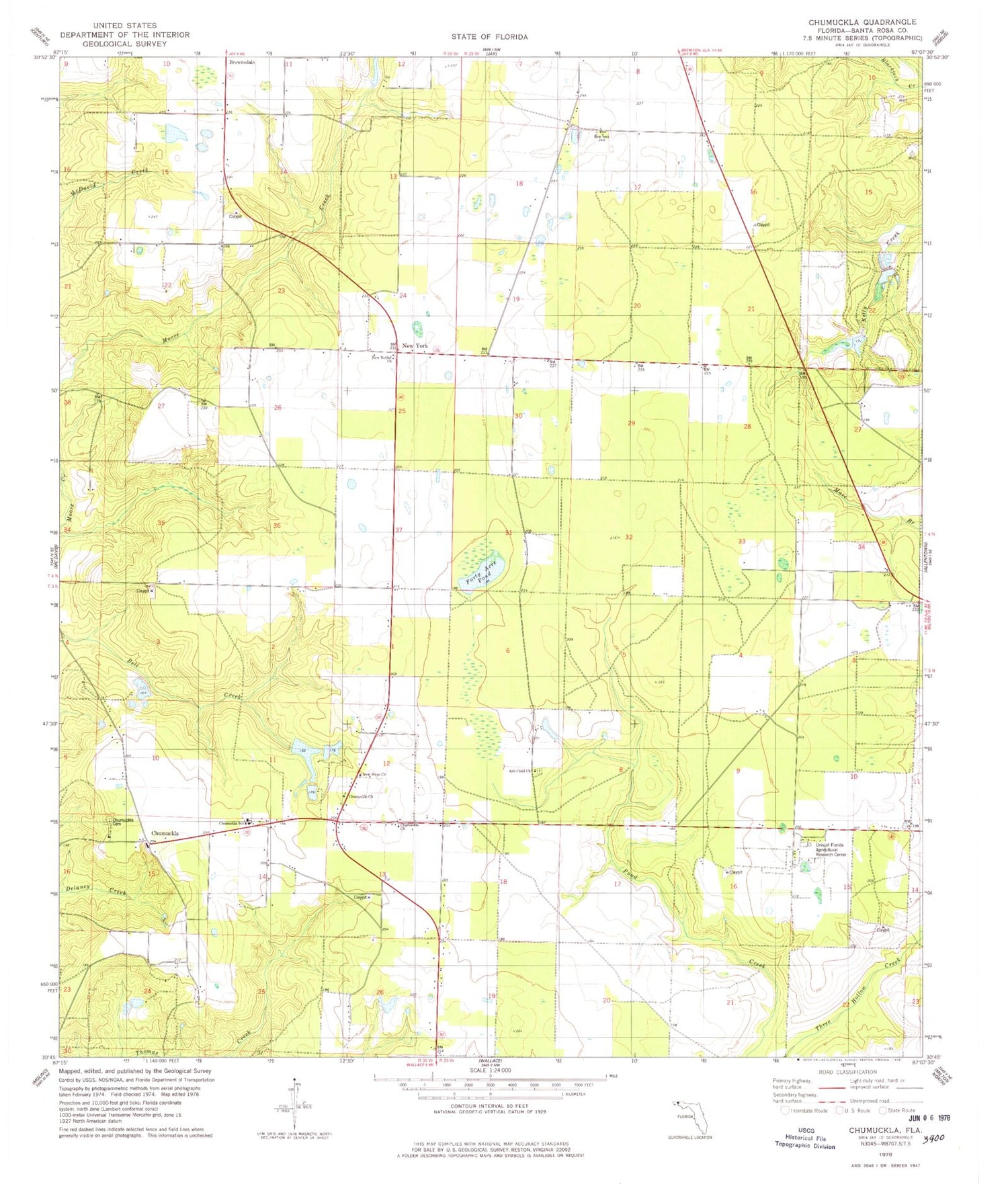 Classic USGS Chumuckla Florida 7.5'x7.5' Topo Map Image