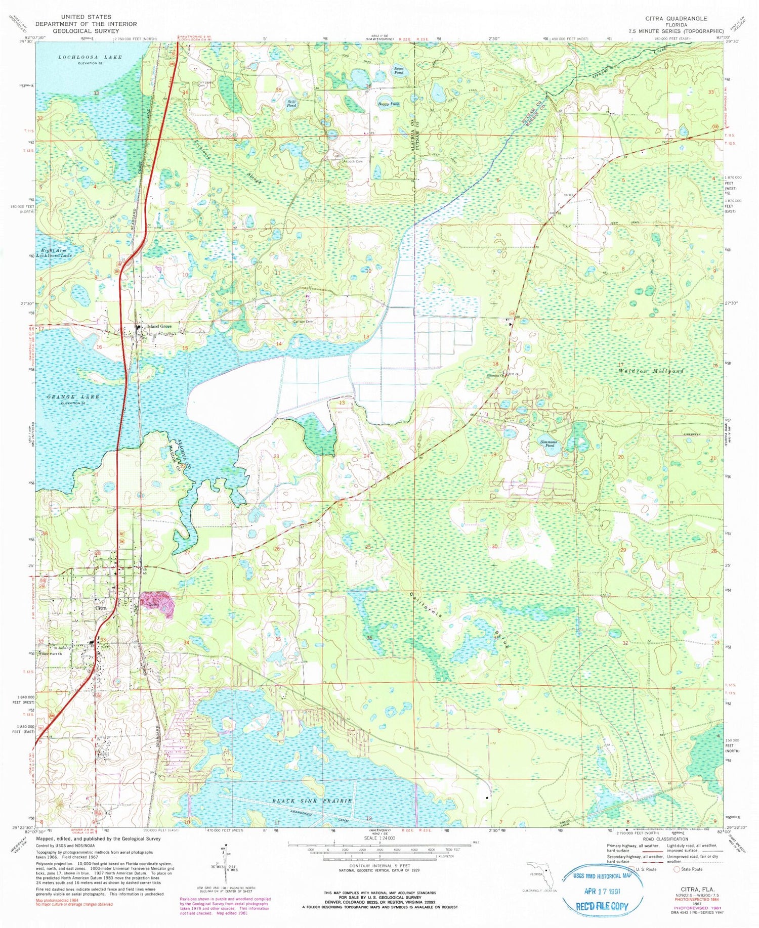 Classic USGS Citra Florida 7.5'x7.5' Topo Map Image