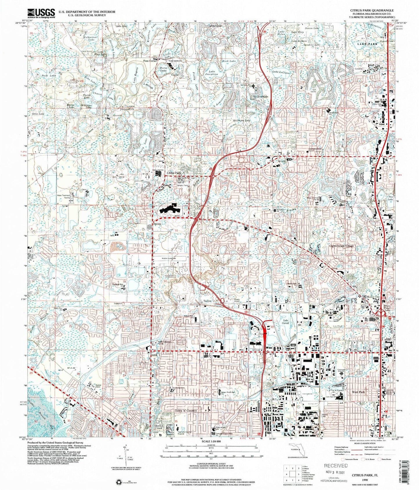 Classic USGS Citrus Park Florida 7.5'x7.5' Topo Map Image