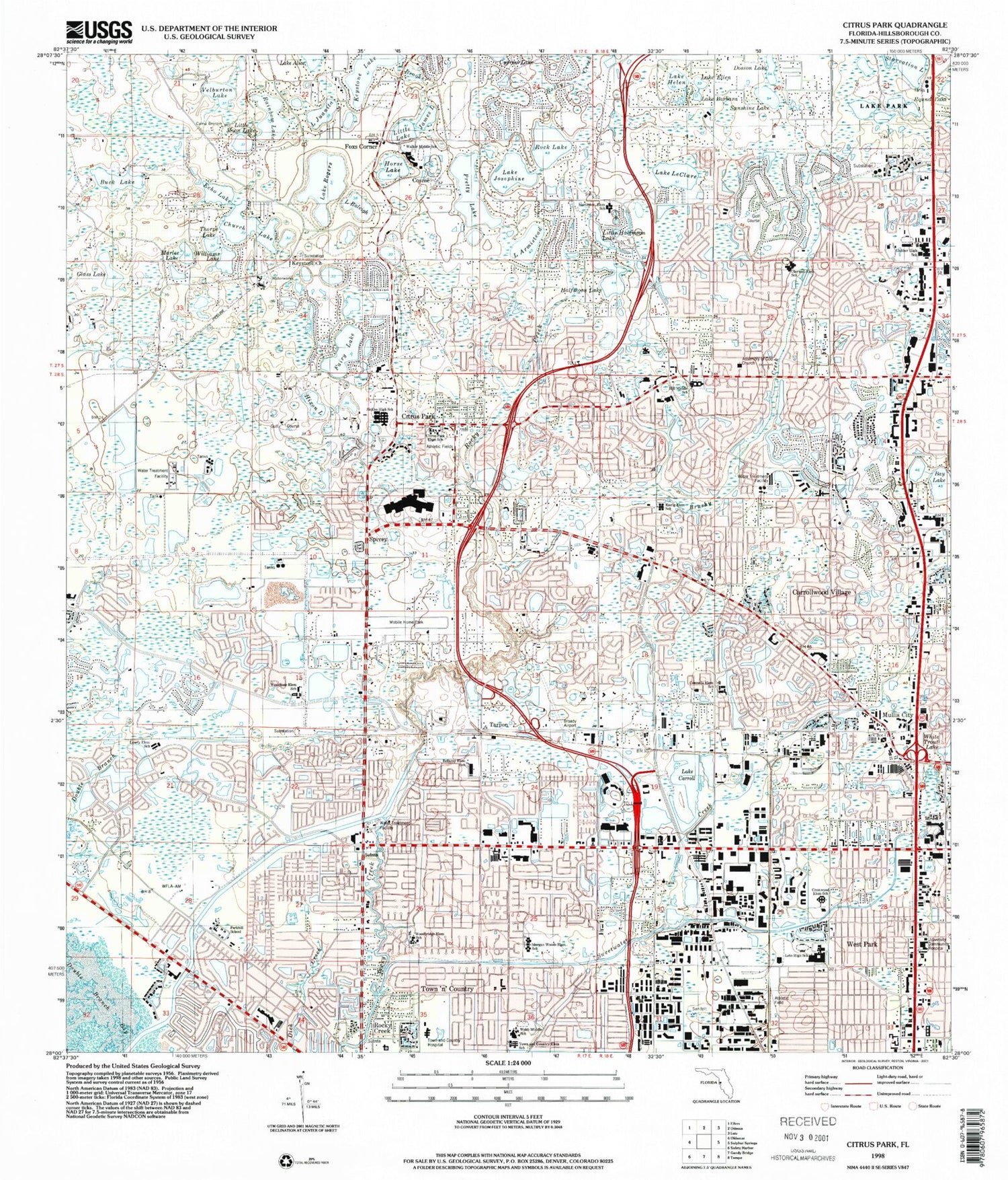 Classic USGS Citrus Park Florida 7.5'x7.5' Topo Map Image