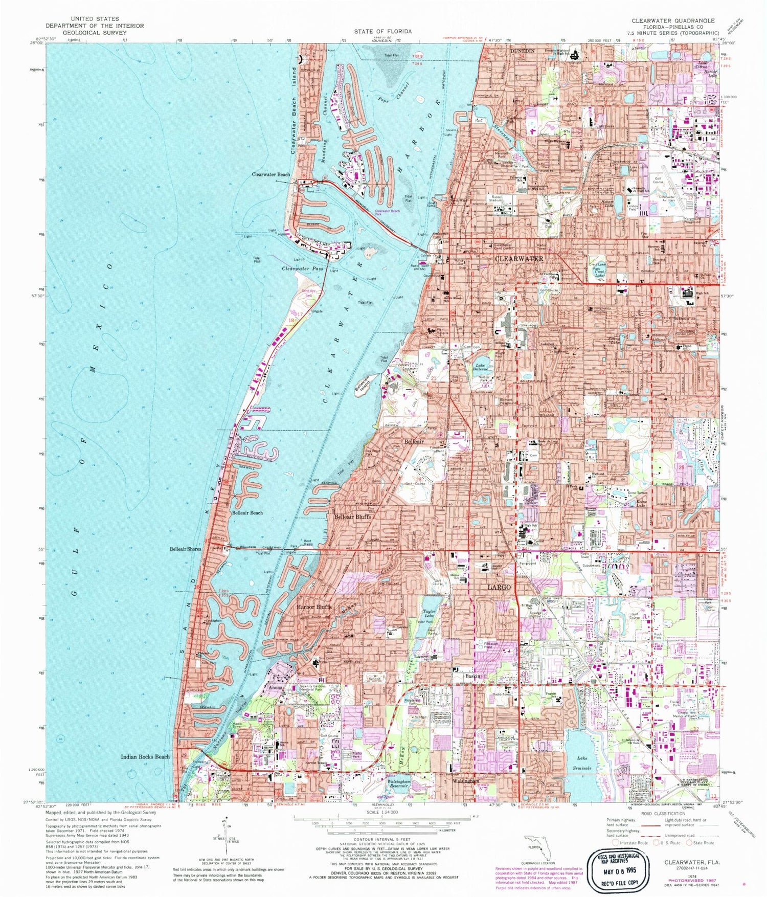 Classic USGS Clearwater Florida 7.5'x7.5' Topo Map Image