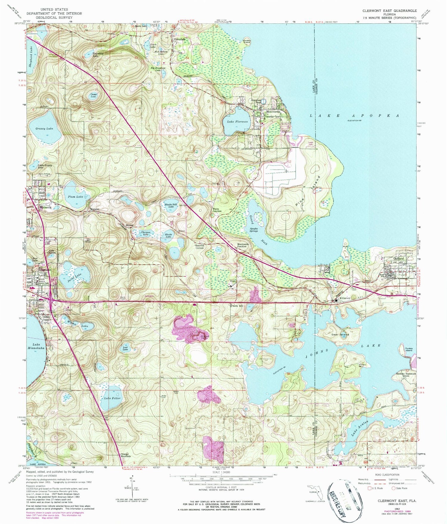 Classic USGS Clermont East Florida 7.5'x7.5' Topo Map Image