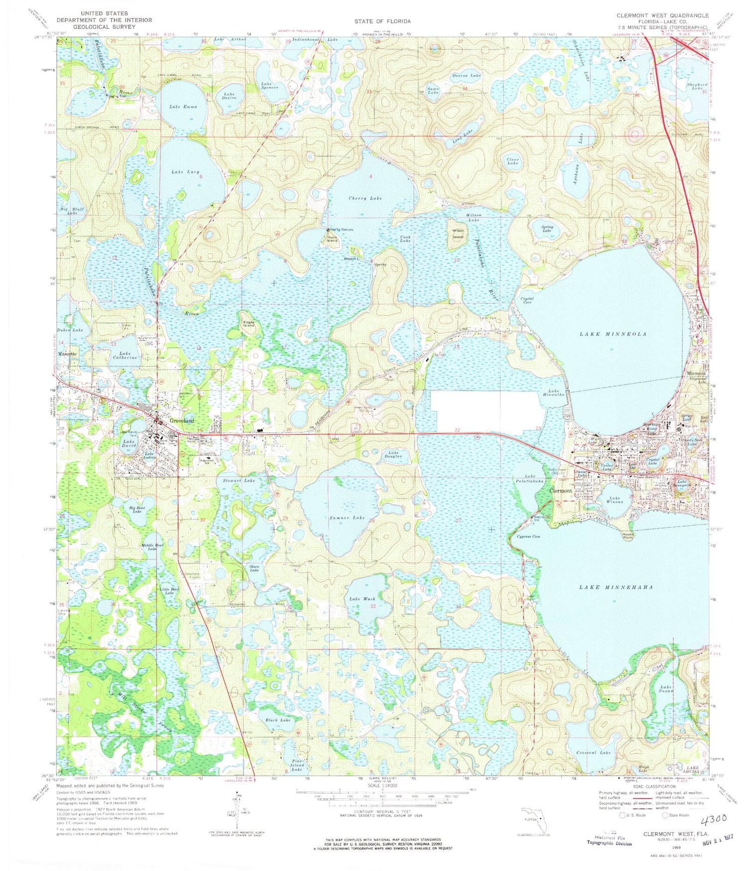 Classic USGS Clermont West Florida 7.5'x7.5' Topo Map Image