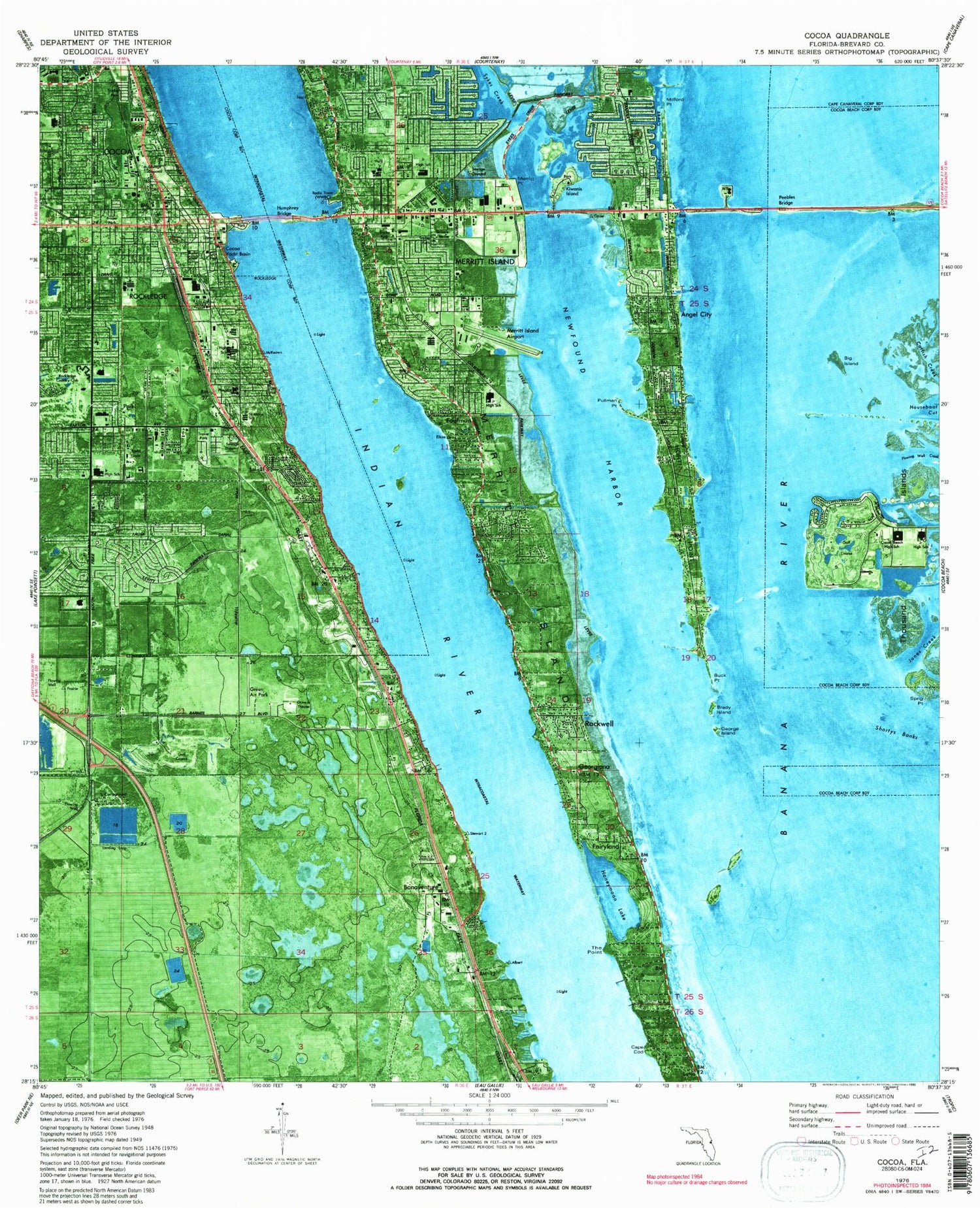 Classic USGS Cocoa Florida 7.5'x7.5' Topo Map Image