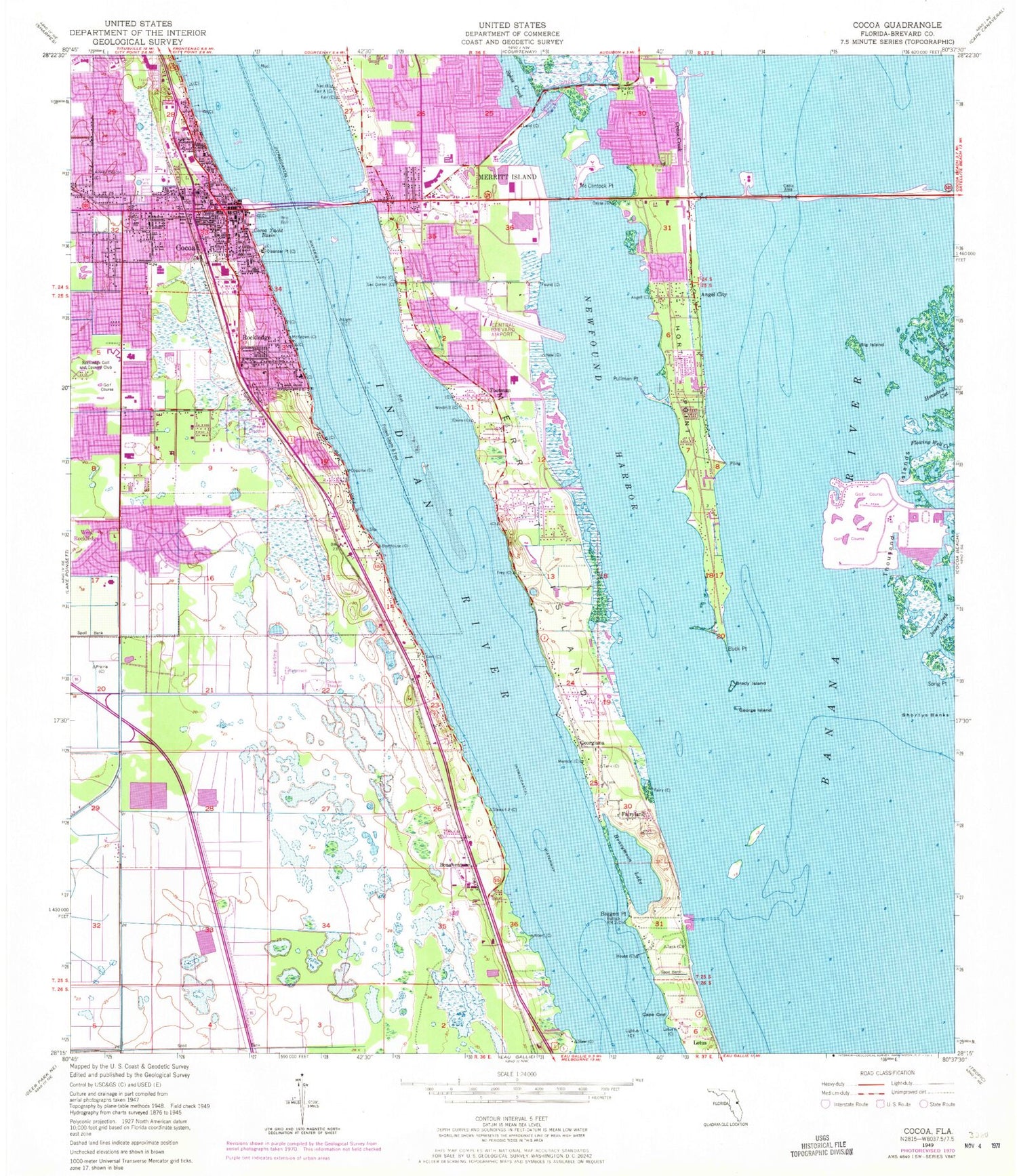 Classic USGS Cocoa Florida 7.5'x7.5' Topo Map Image