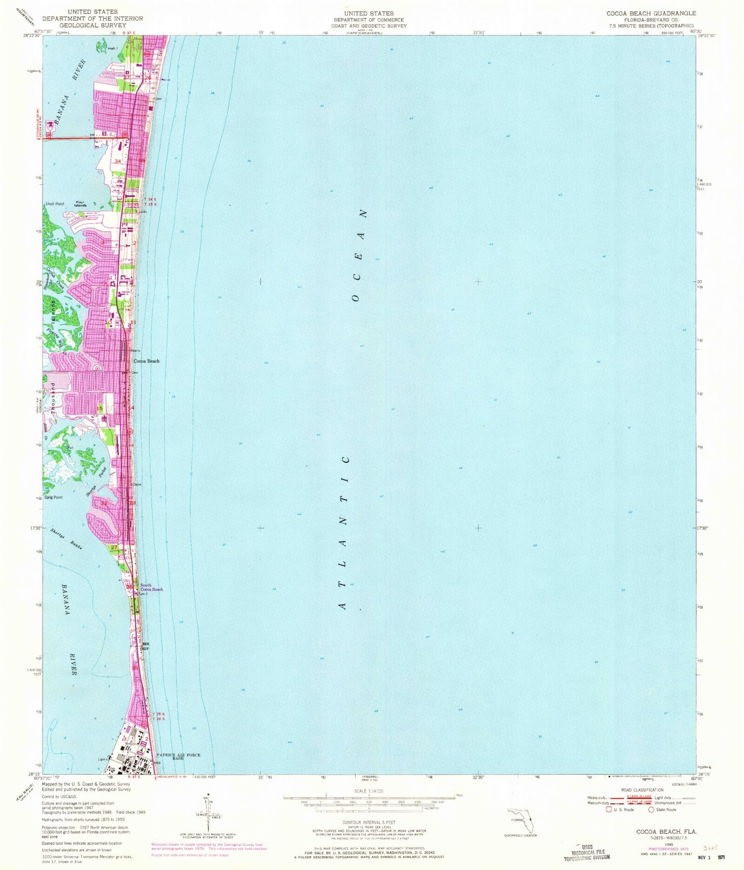 Classic USGS Cocoa Beach Florida 7.5'x7.5' Topo Map Image