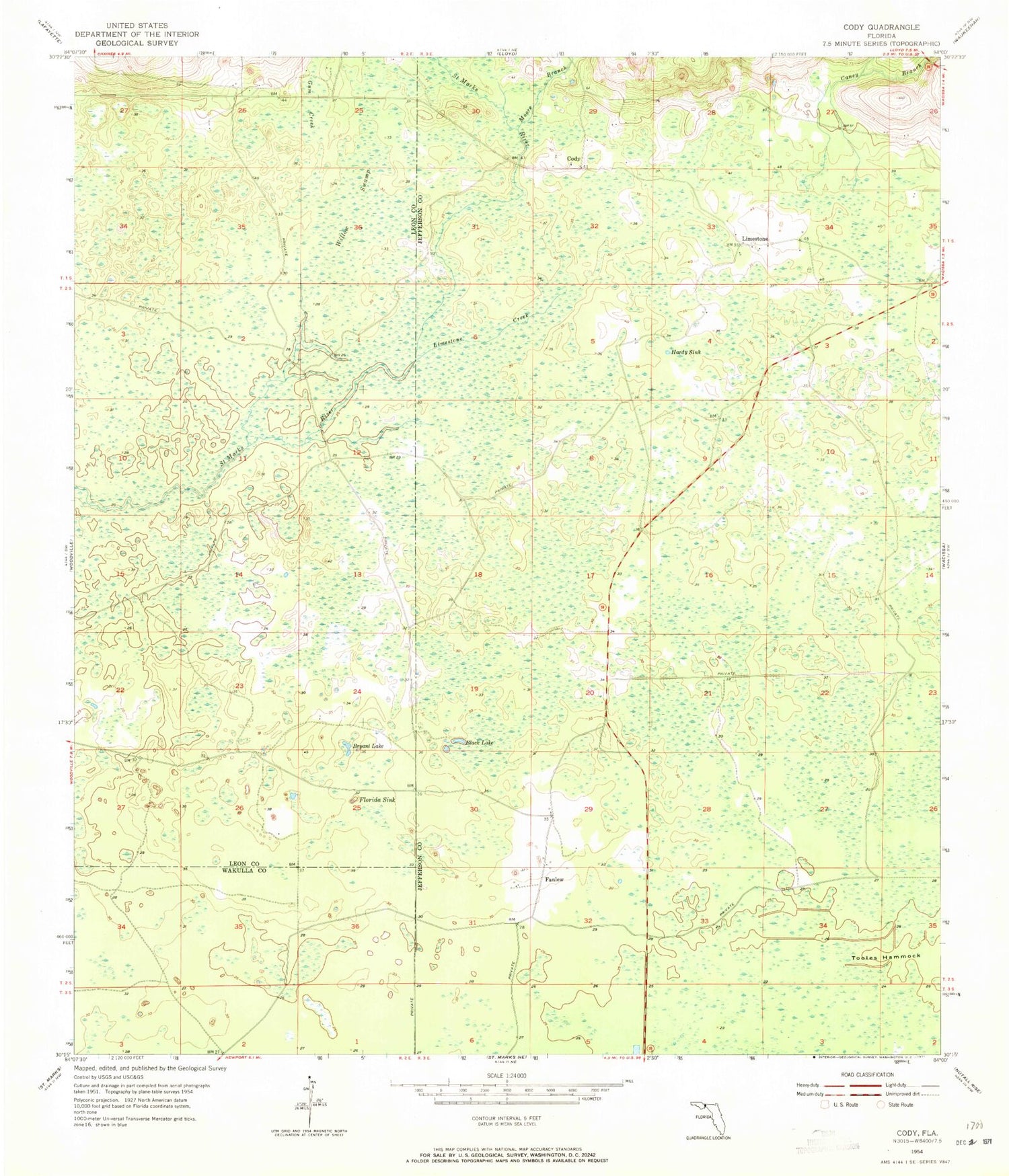Classic USGS Cody Florida 7.5'x7.5' Topo Map Image
