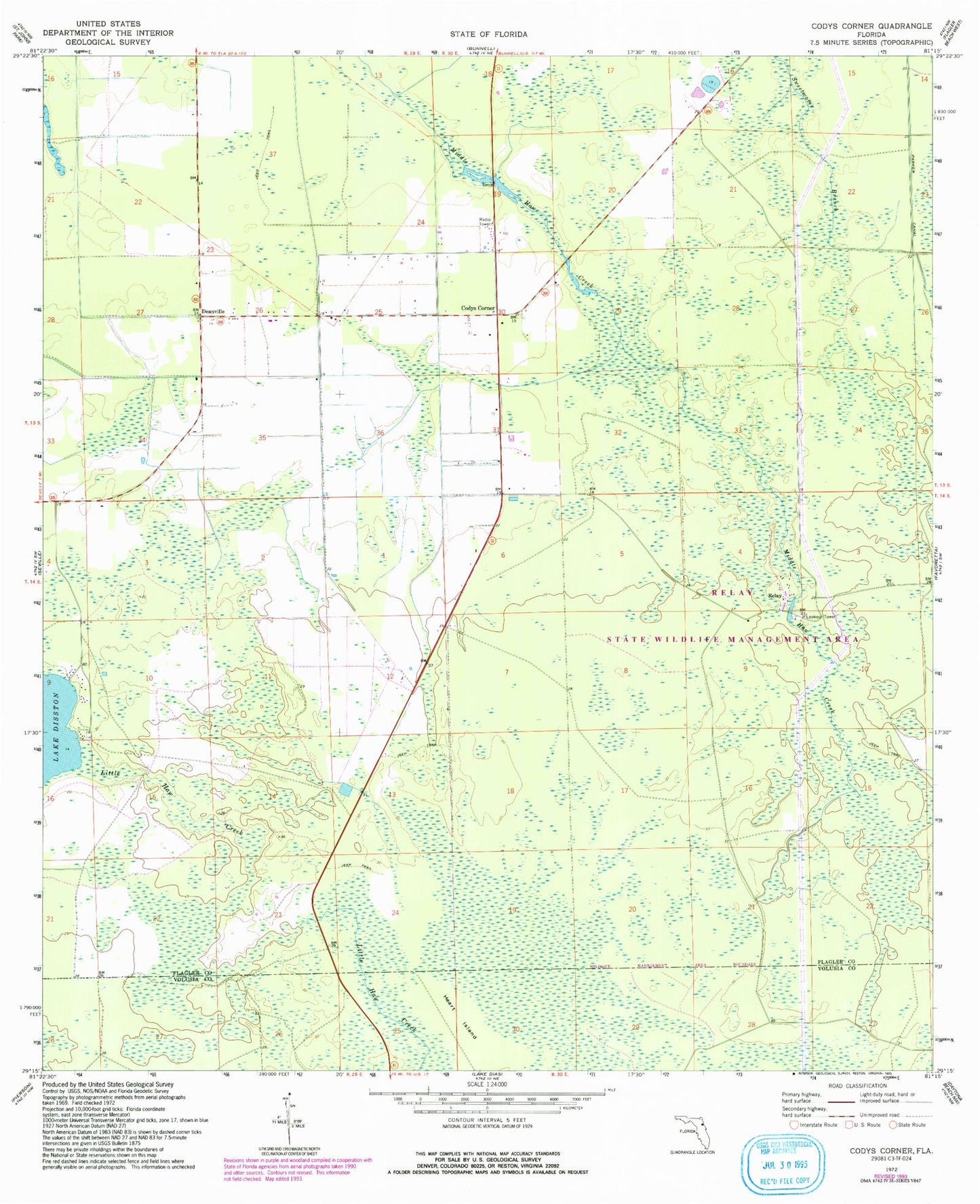 Classic USGS Codys Corner Florida 7.5'x7.5' Topo Map Image