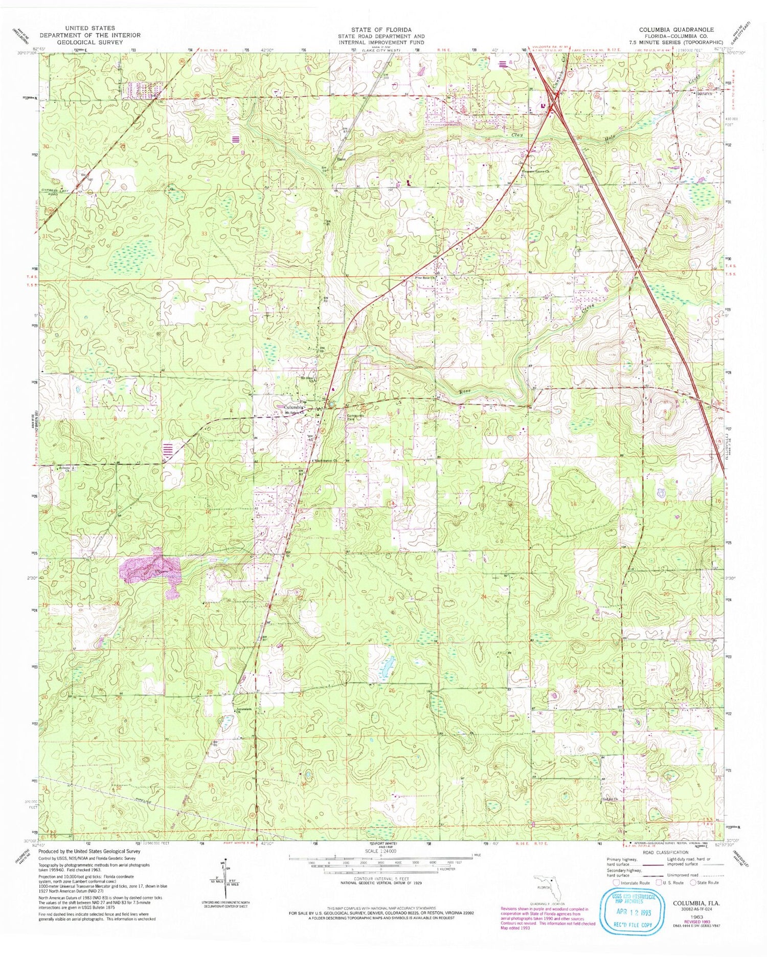 Classic USGS Columbia Florida 7.5'x7.5' Topo Map Image