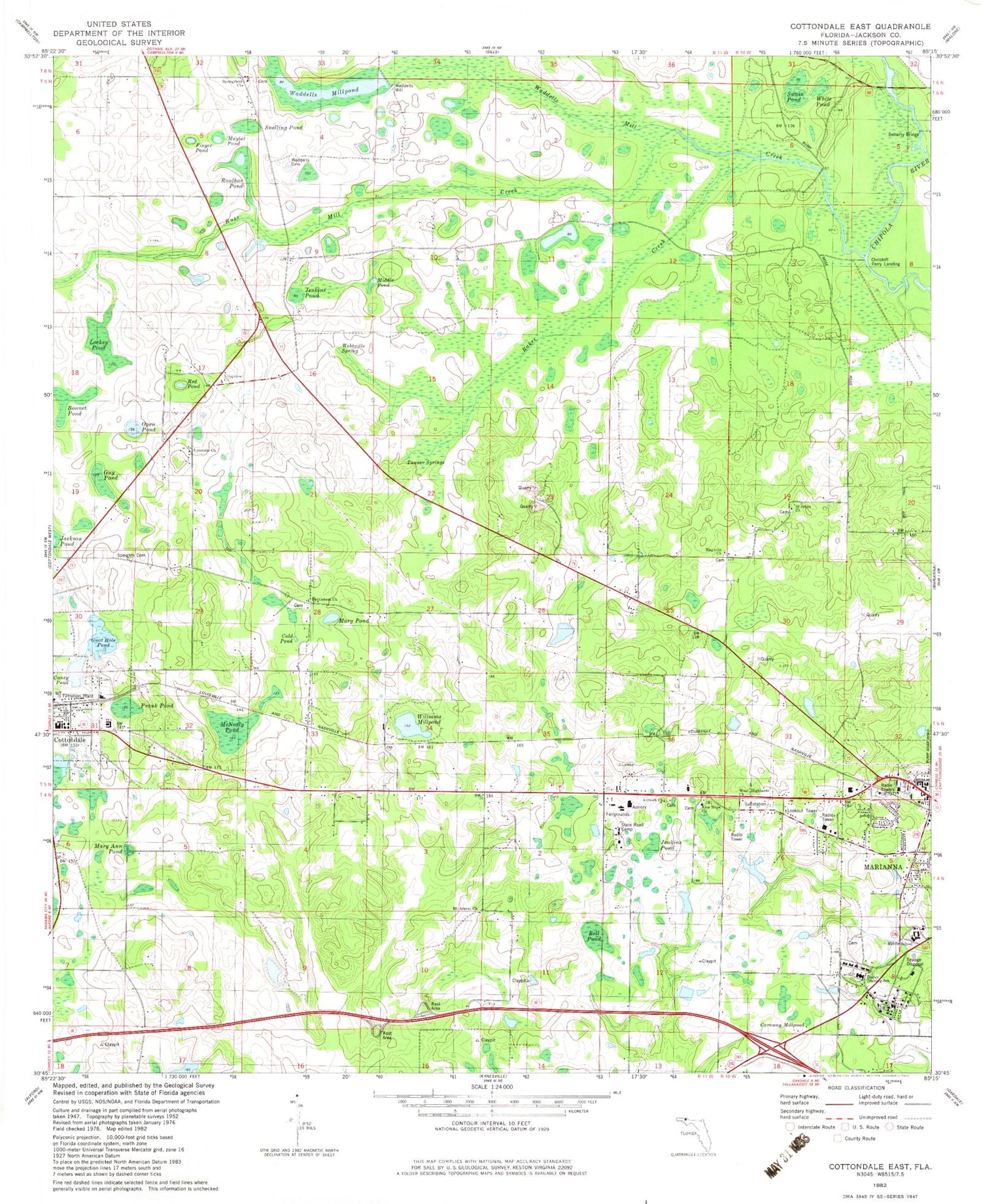 Classic USGS Cottondale East Florida 7.5'x7.5' Topo Map Image