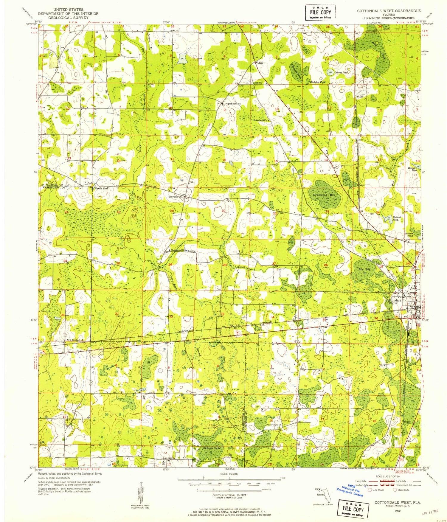 Classic USGS Cottondale West Florida 7.5'x7.5' Topo Map Image