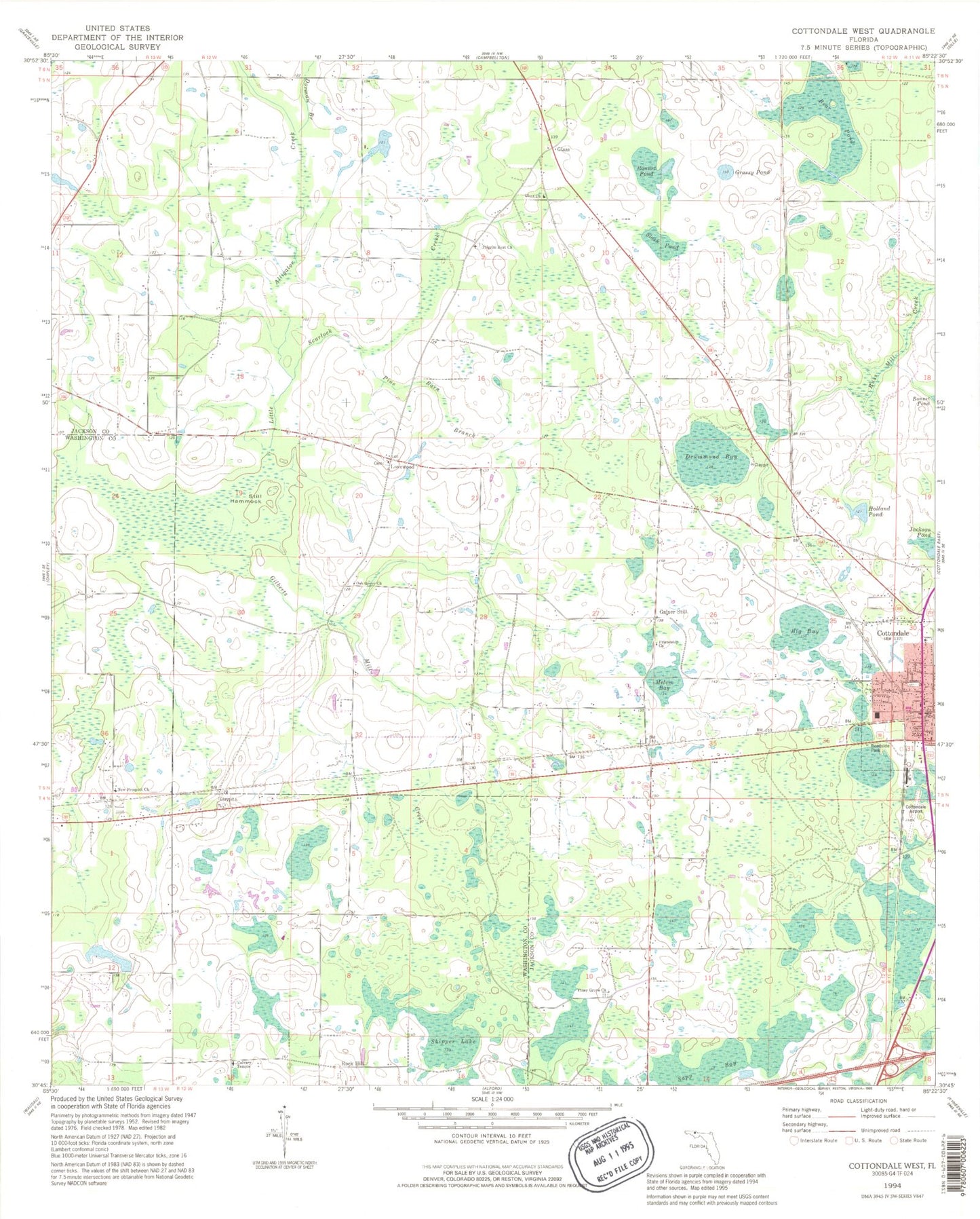 Classic USGS Cottondale West Florida 7.5'x7.5' Topo Map Image
