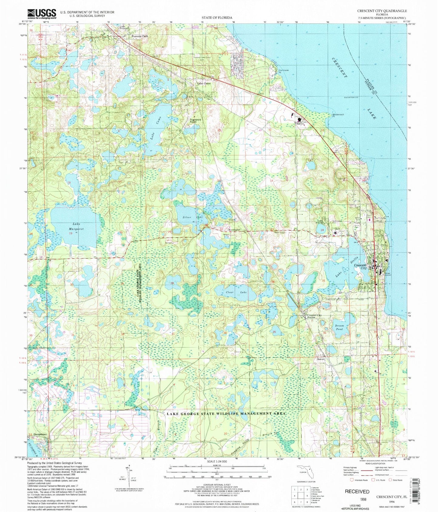 Classic USGS Crescent City Florida 7.5'x7.5' Topo Map Image