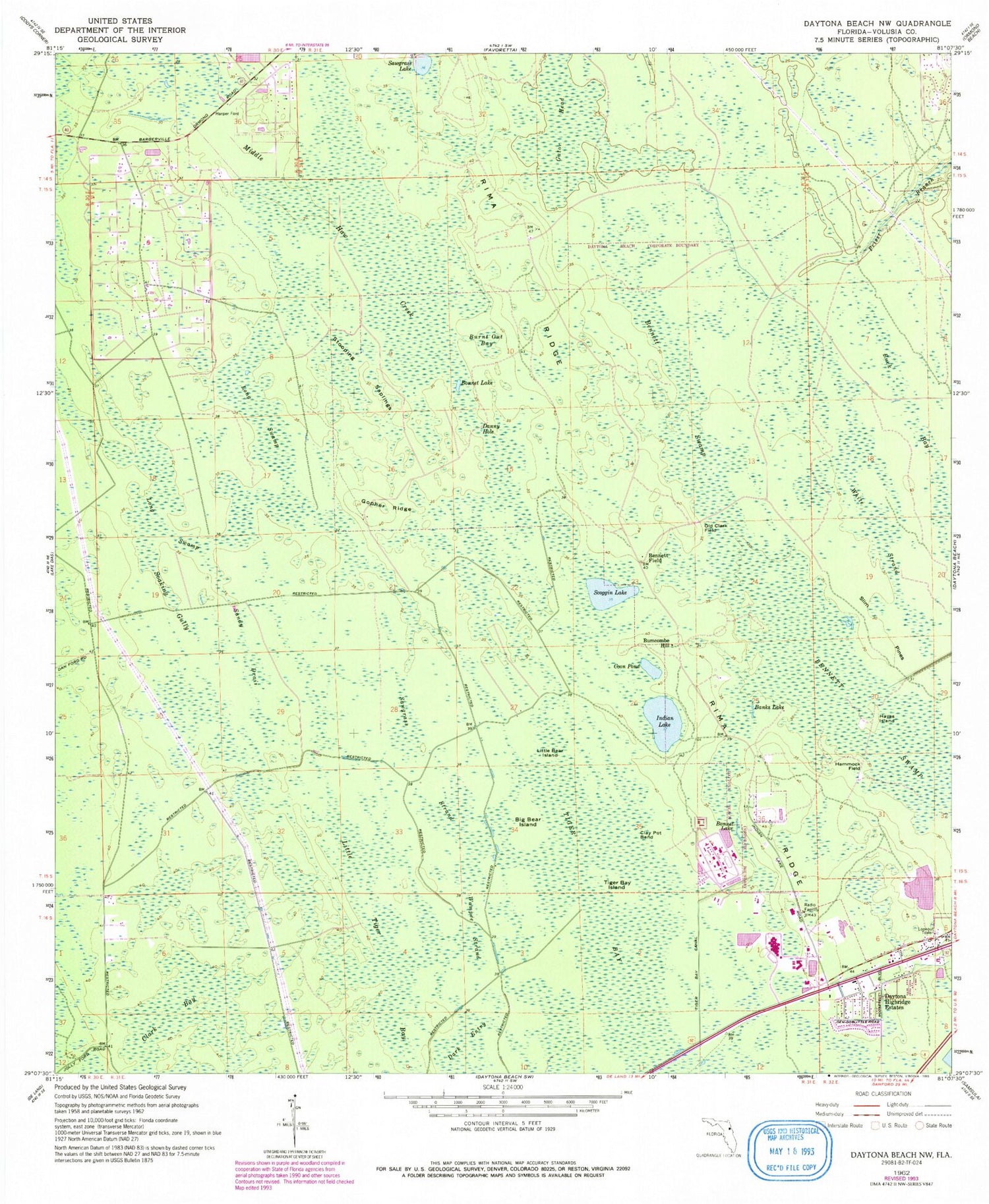 Classic USGS Daytona Beach NW Florida 7.5'x7.5' Topo Map Image