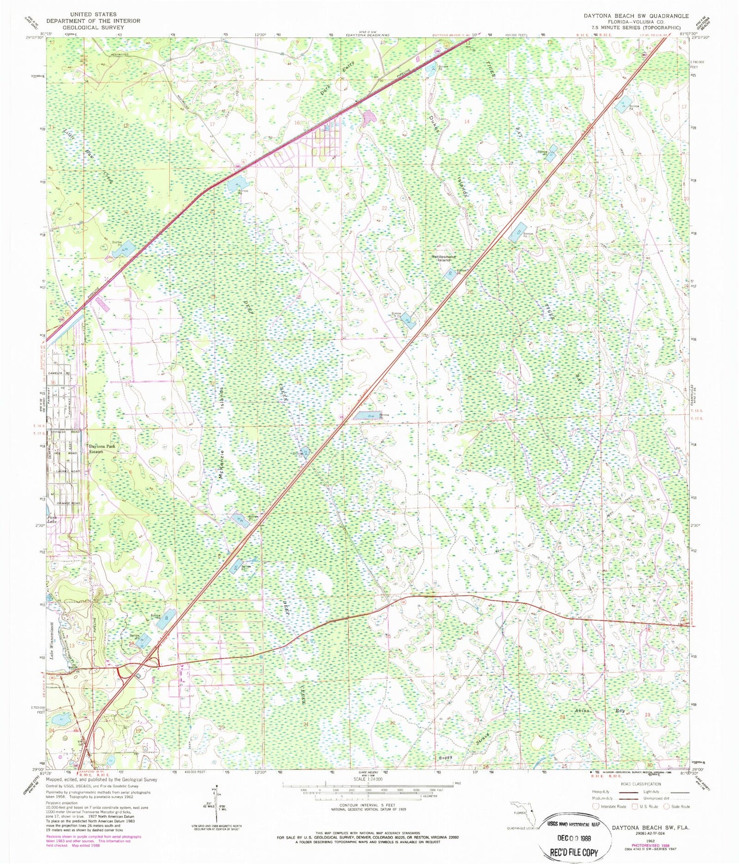 Classic USGS Daytona Beach SW Florida 7.5'x7.5' Topo Map Image