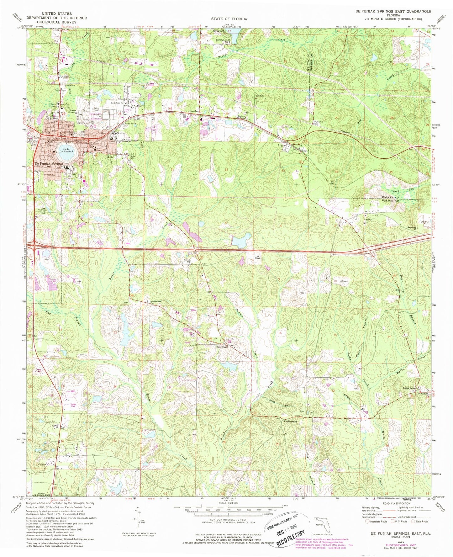 Classic USGS De Funiak Springs East Florida 7.5'x7.5' Topo Map Image