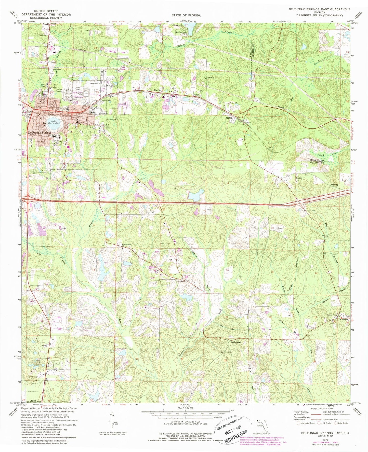 Classic USGS De Funiak Springs East Florida 7.5'x7.5' Topo Map Image