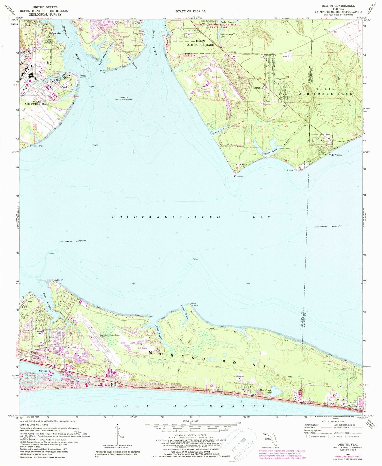 Classic USGS Destin Florida 7.5'x7.5' Topo Map Image
