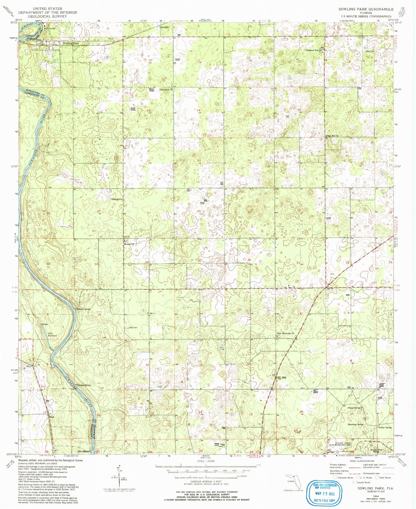 Classic USGS Dowling Park Florida 7.5'x7.5' Topo Map Image
