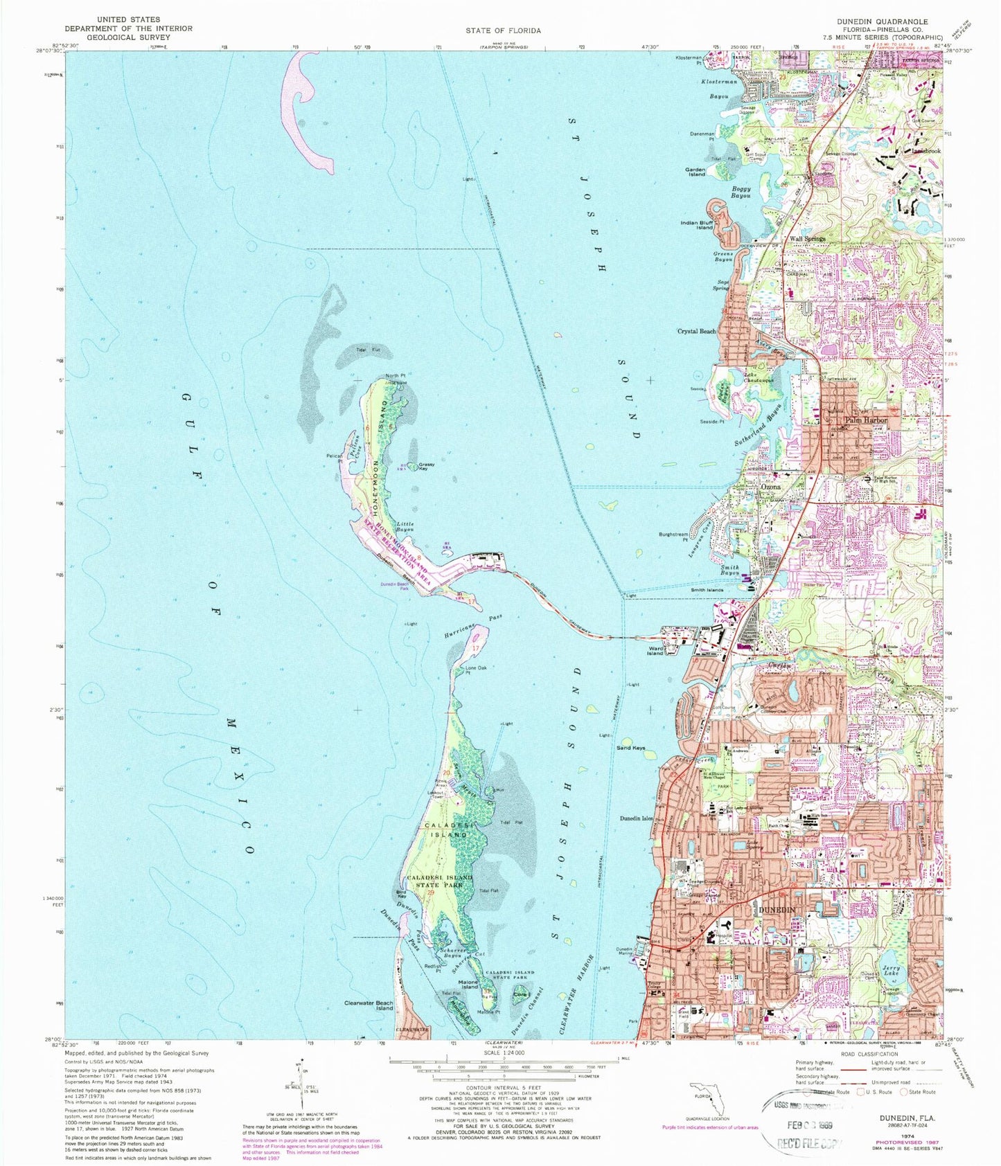 Classic USGS Dunedin Florida 7.5'x7.5' Topo Map Image